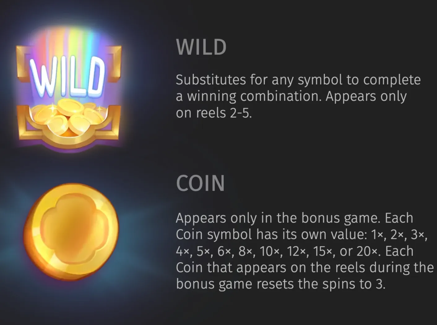 St. Patrick's Pots symbol guide featuring a rainbow-glowing Wild emblem above a golden coin, with explanatory text for their slot functions.