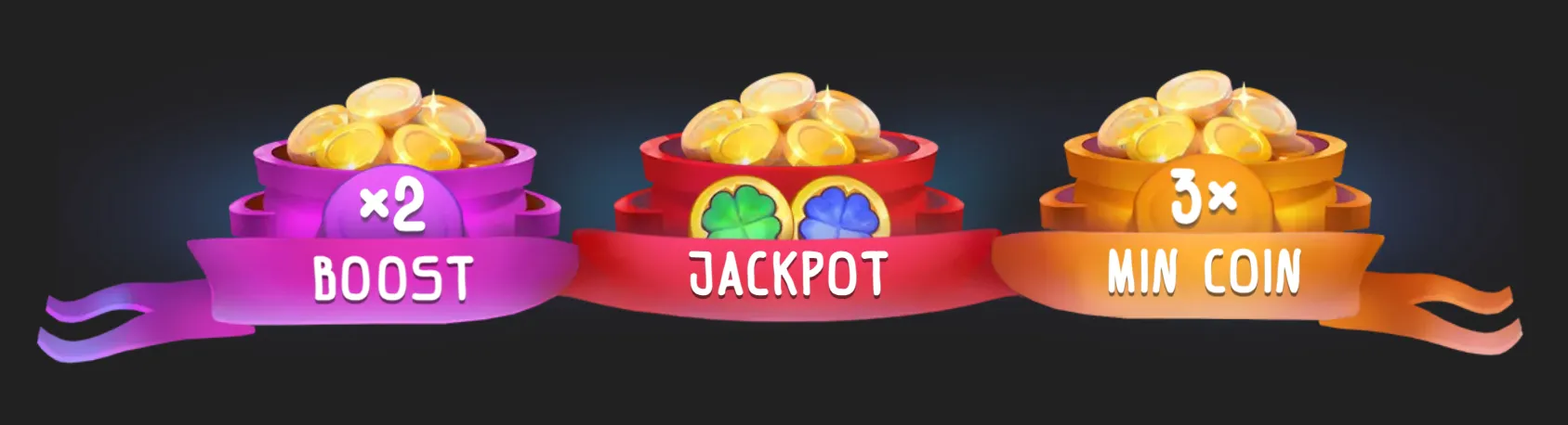 Three colorful pots overflowing with gold coins display x2 Boost, Jackpot, and 3x Minimum Coin labels, with clover symbols on the central pot.