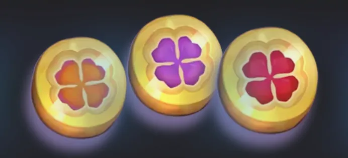 Three glowing gold coins featuring orange, purple, and red four-leaf clovers against a dark backdrop.
