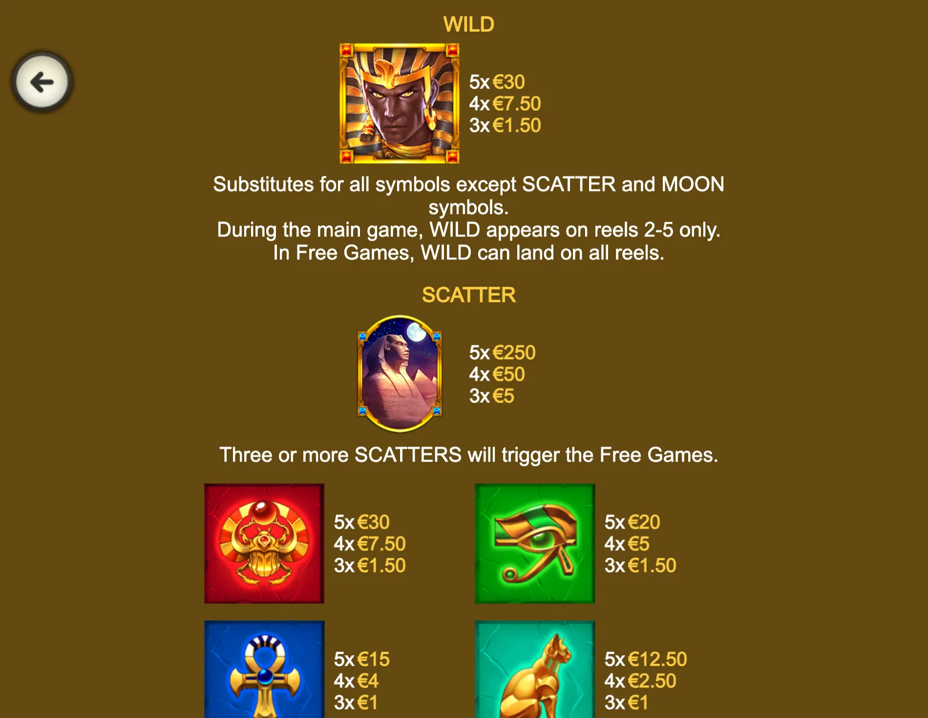Egyptian-themed slot paytable featuring the Khonsu Wild symbol, Moon Scatter, and colourful scarab, eye, ankh, and animal symbols with payout values.