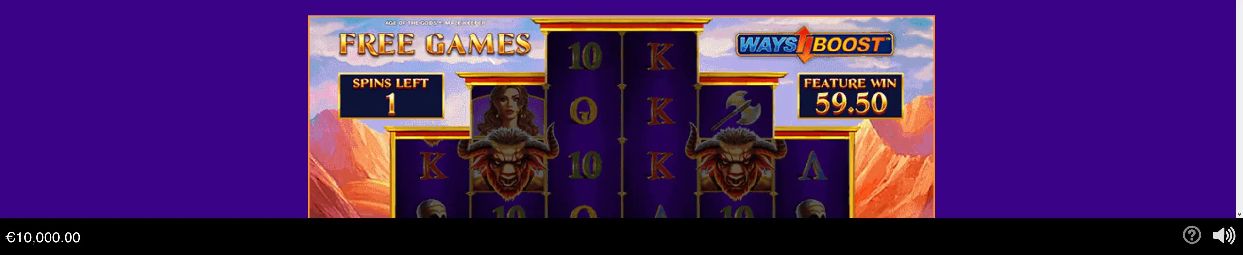 Age of the Gods Maze Keeper slot free games screen with one spin remaining, a 59.50 feature win, Ways Boost branding, Greek temple styling, minotaur symbols, and mountainous scenery.