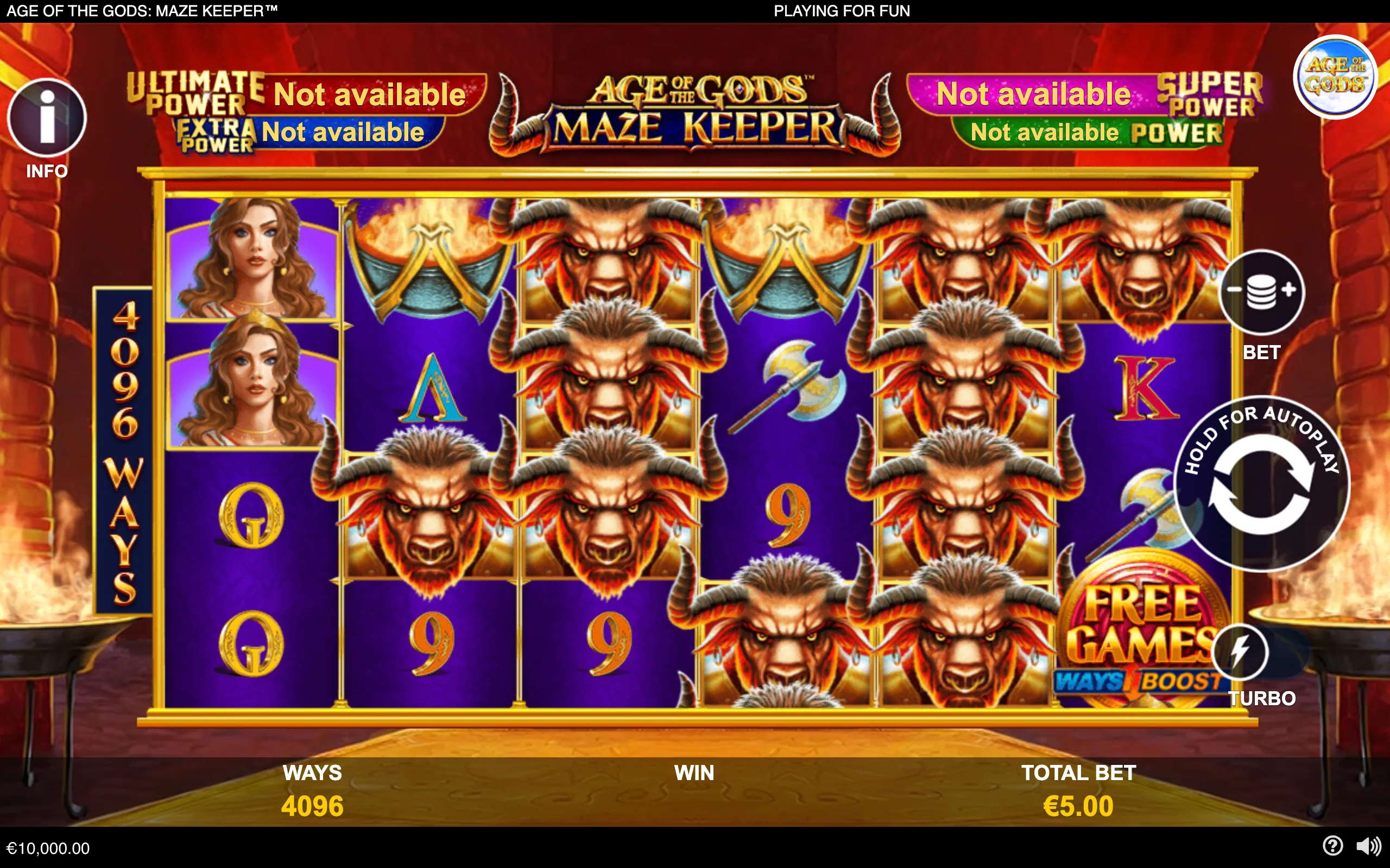 Age of the Gods: Maze Keeper slot interface with fiery temple décor, purple reels, repeated Minotaur symbols, Greek-inspired character icons, and a Free Games Ways Boost badge.