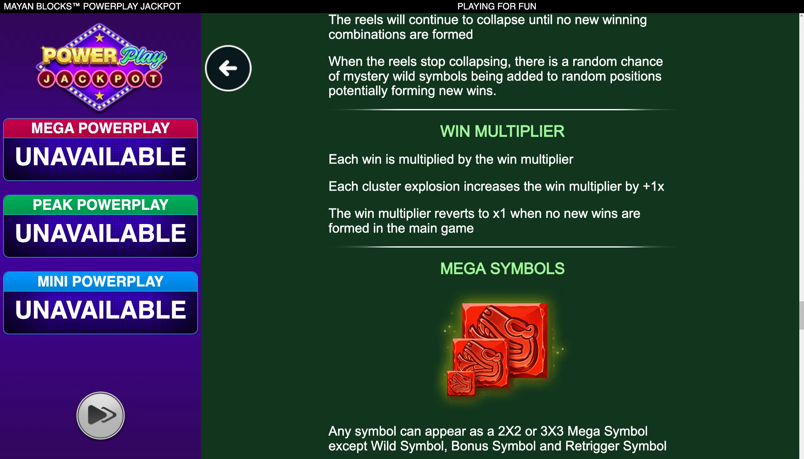 Mayan Blocks PowerPlay Jackpot feature guide with PowerPlay jackpot panels, collapse mechanics, win multiplier rules, and glowing red mega symbol examples on a dark green backdrop.