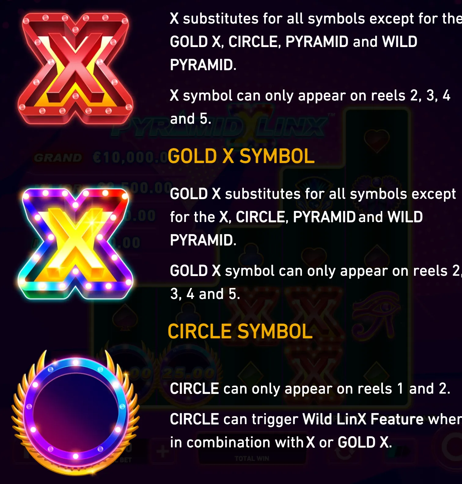 Pyramid Linx symbol guide featuring glowing red X, multicolored Gold X, and circular symbols with text explaining their reel positions and substitution rules.