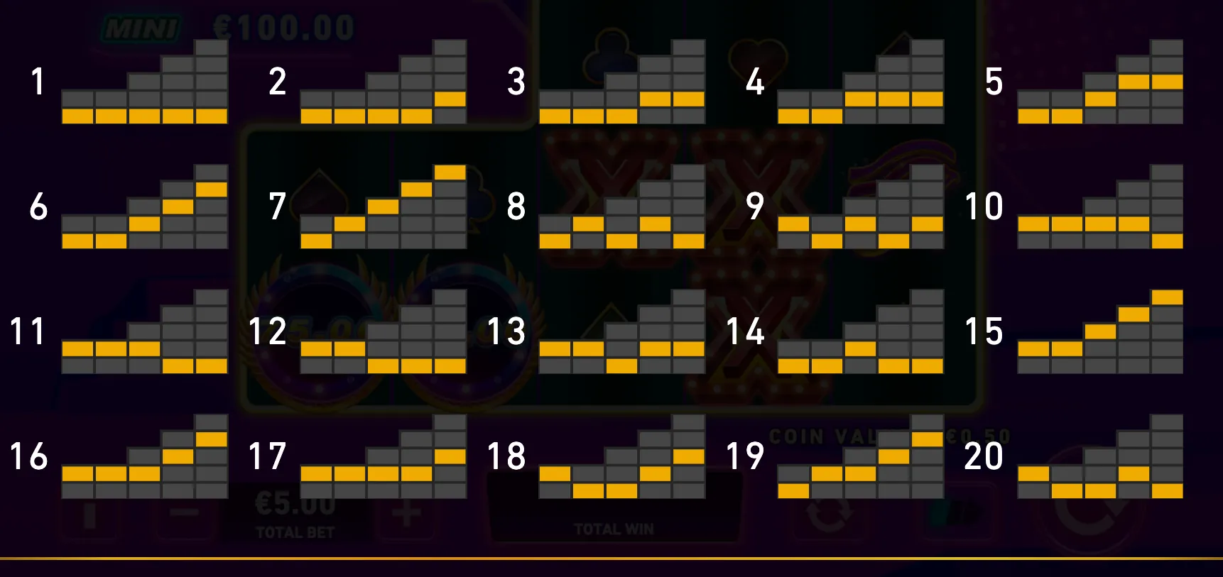 A dark Pyramid Linx slot interface displays 20 numbered staircase-style paylines, with yellow blocks highlighting the active reel positions against gray grid cells.