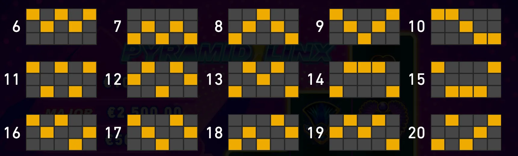 Pyramid Linx preview with numbered 3-row grid patterns, gold highlighted positions, and a dark Egyptian-themed backdrop.
