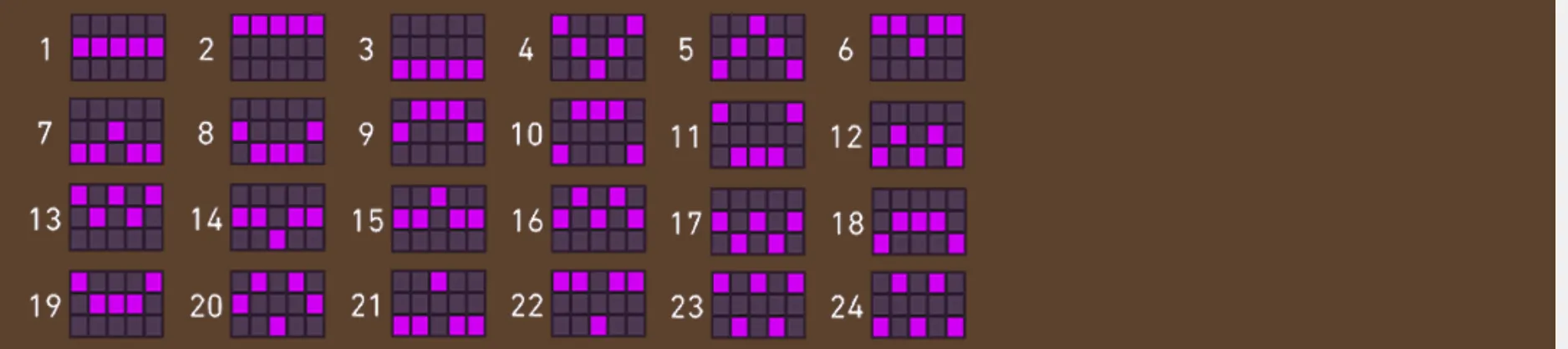 A brown paytable-style layout presents 24 numbered five-reel patterns, with magenta squares marking the active positions on each three-row grid.