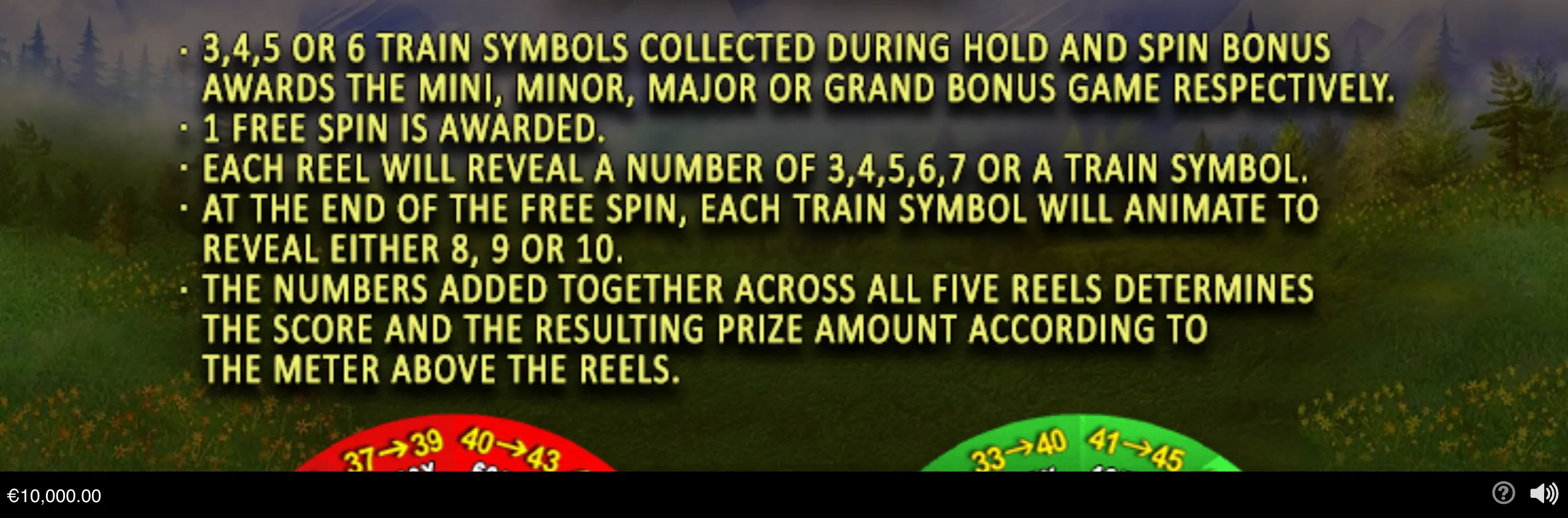 Instructional slot game panel for Grand Junction Mountain Express with bold yellow bonus rules over a forested mountain railway backdrop and colorful prize meters.