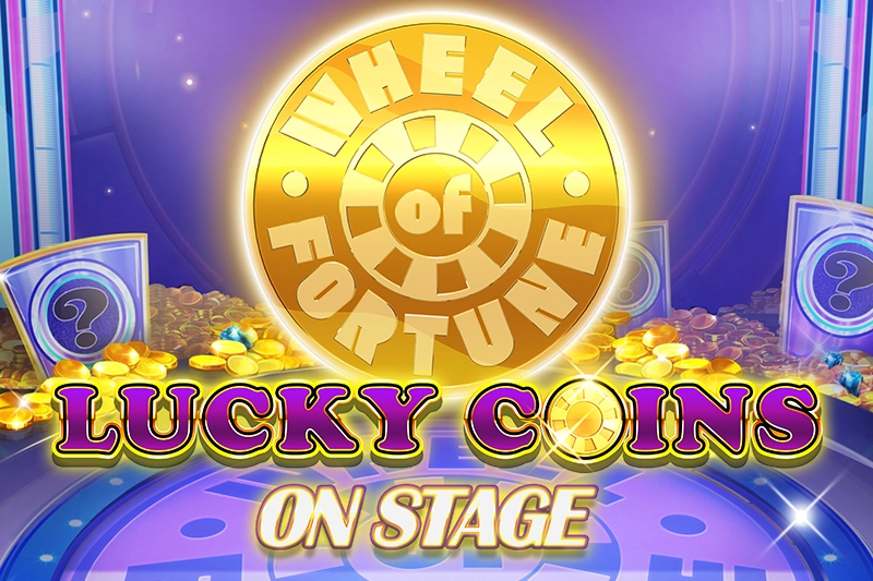 A glowing golden coin marked “Wheel of Fortune” is displayed center stage, surrounded by piles of coins and illuminated panels with question mark symbols.
