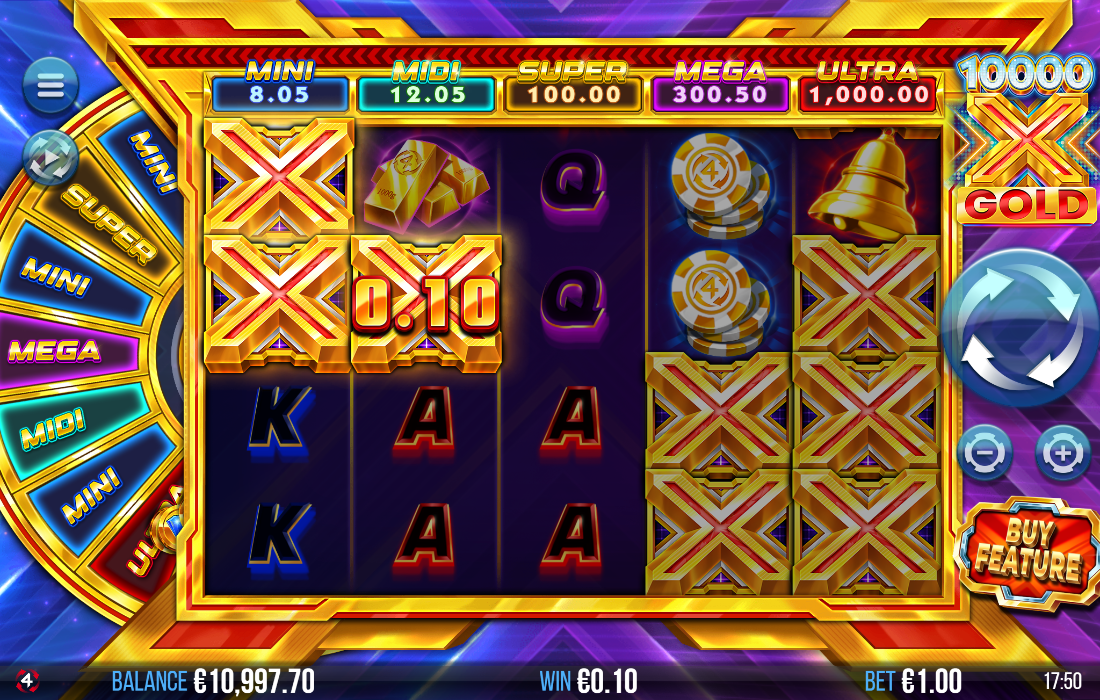 Gameplay screen from 10000X Gold slot showing golden X symbols, multiplier rewards, and the Fortune Wheel with MINI, MIDI, SUPER, MEGA, and ULTRA jackpots.