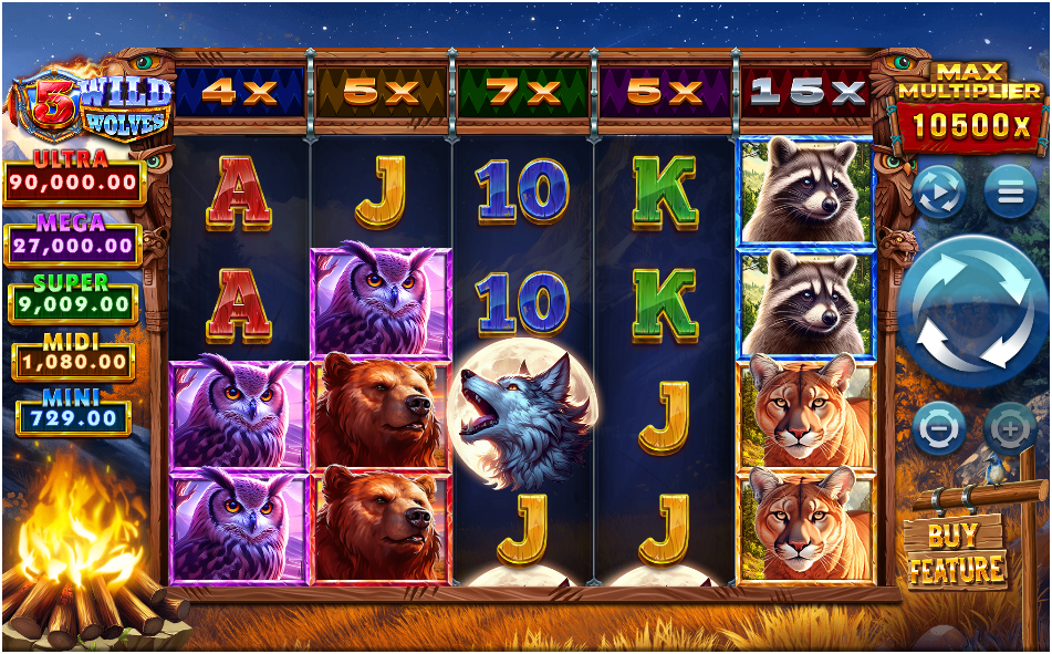 Five-reel slot with forest animal symbols, visible stack multipliers above each reel, and prize tiers on the left.
