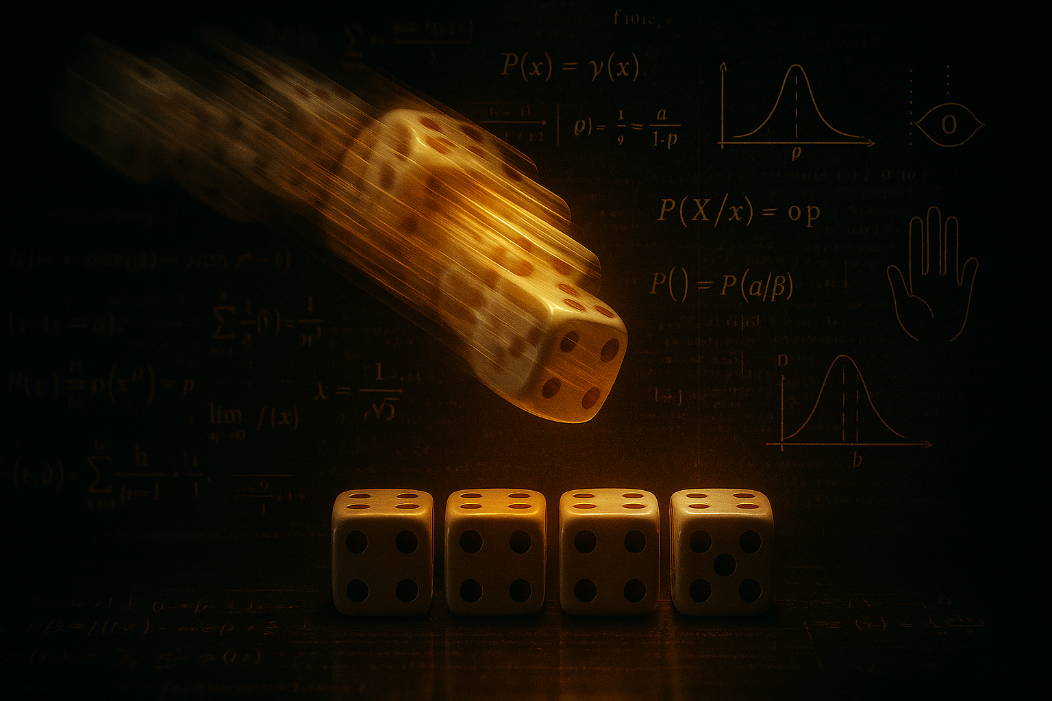 Cinematic concept image of dice on a dark reflective surface, where a glowing golden die in motion passes above four static dice as mathematical formulas and human symbols appear in the background.