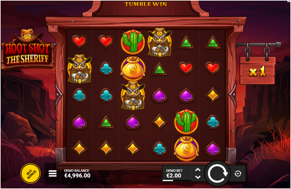 A 6x5 slot grid featuring cowboy owls, cacti, gold bags, and colorful playing card suits, with a multiplier display showing x1.