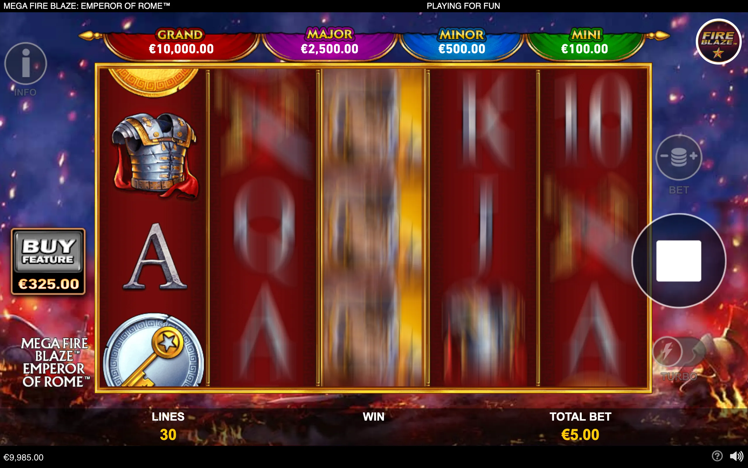 Mega Fire Blaze: Emperor of Rome slot interface with spinning red-and-gold reels, Roman armor and letter symbols, jackpot tiers, and fiery ancient battlefield artwork.