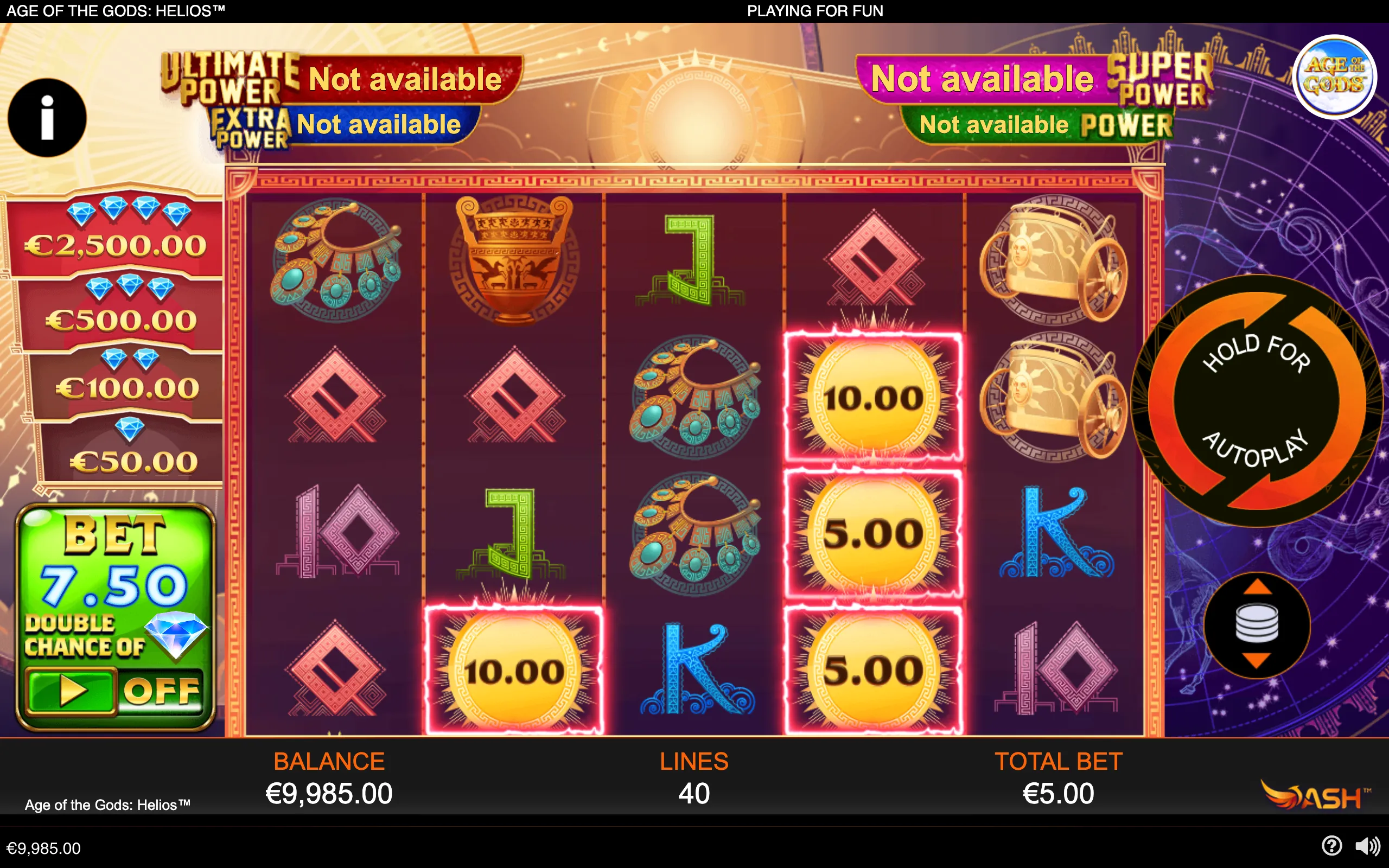 Age of the Gods: Helios slot reels with Greek-inspired symbols, glowing 10.00 and 5.00 coin icons, diamond jackpot tiers, and a radiant Helios-themed backdrop.