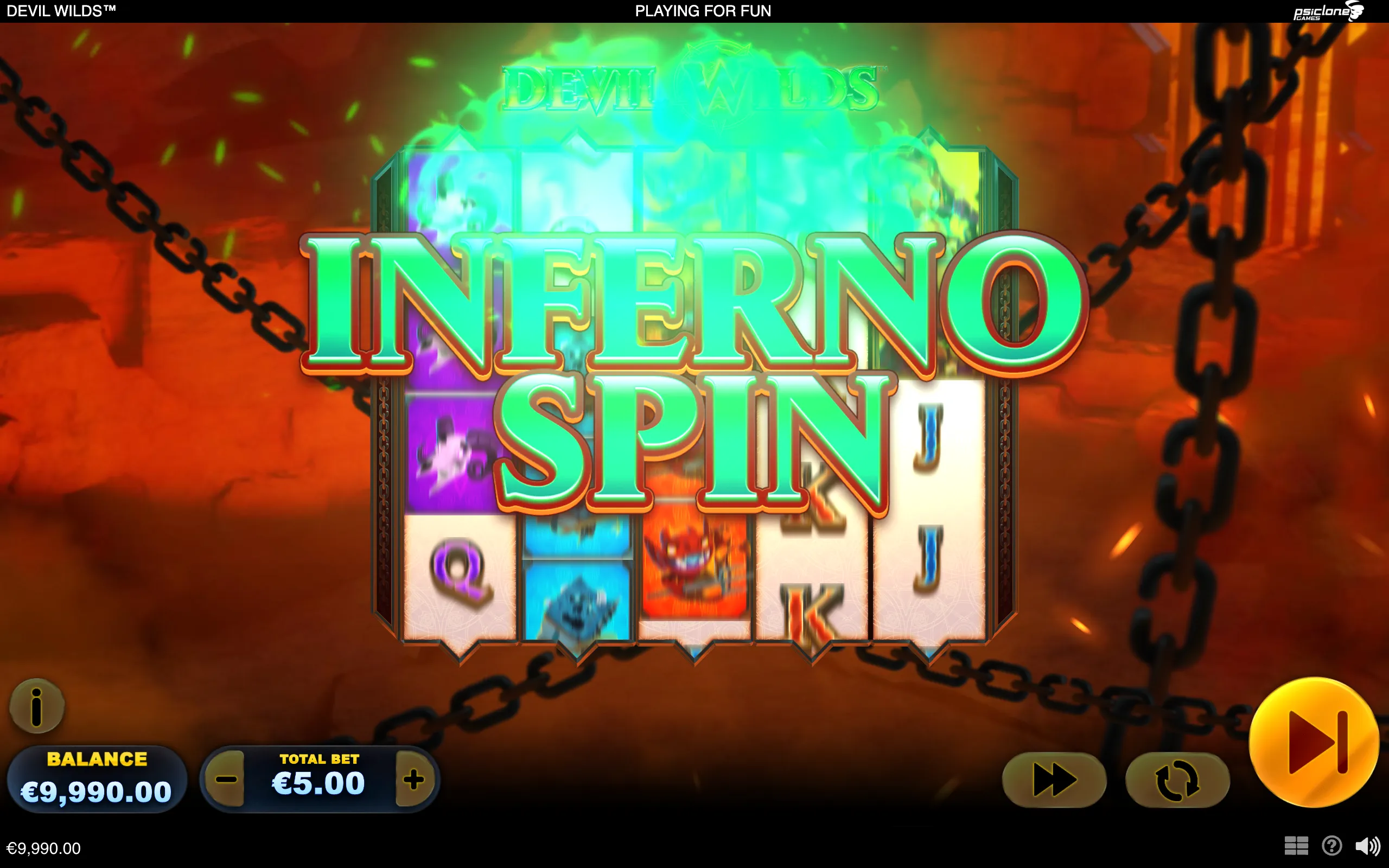 Devil Wilds slot interface with glowing Inferno Spin lettering over blurred reels, fiery red-orange surroundings, heavy chains, and colorful character symbols.