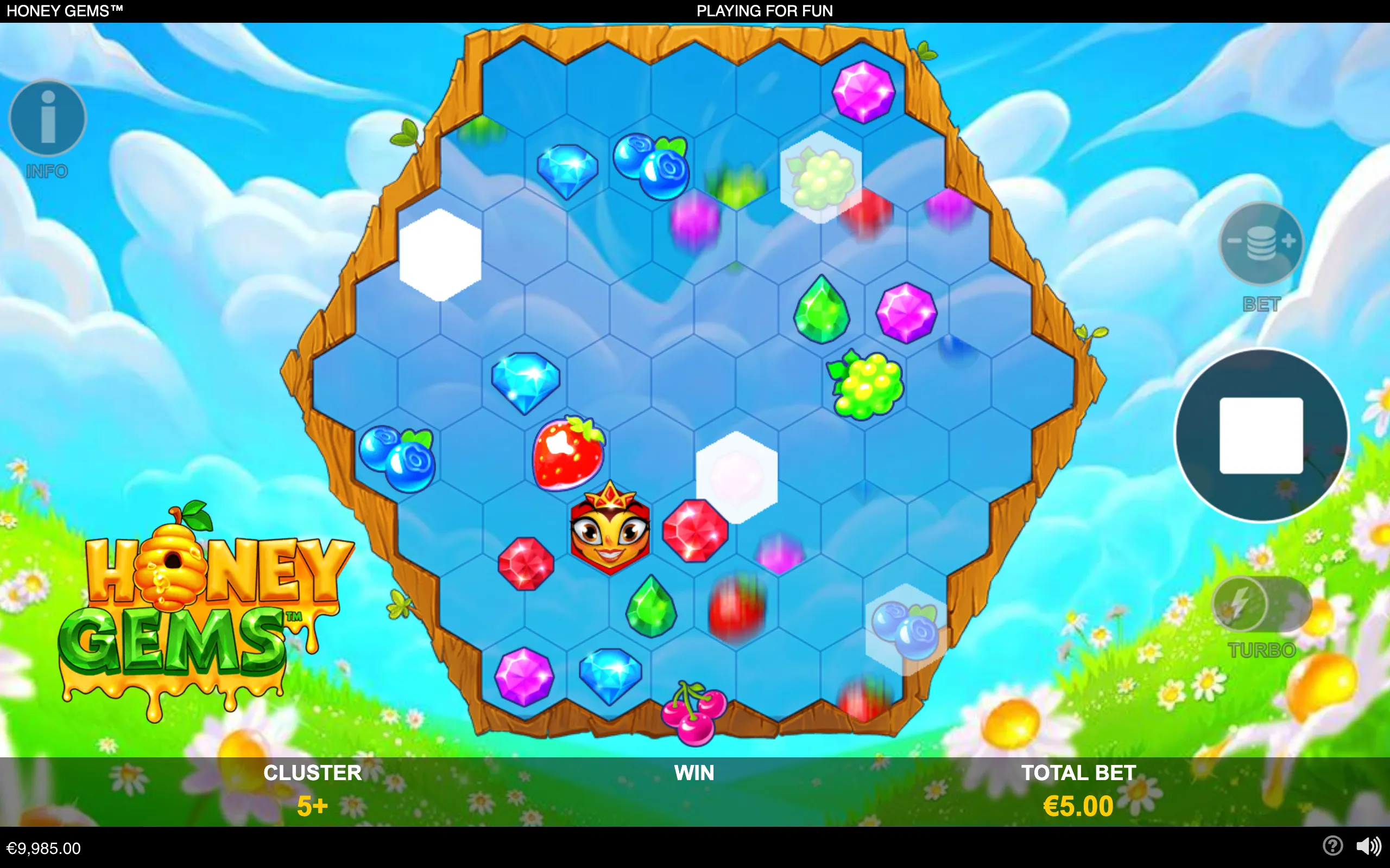Honey Gems slot interface with a honeycomb grid filled with colorful gemstones and fruit symbols, set against a bright flower meadow and blue sky.