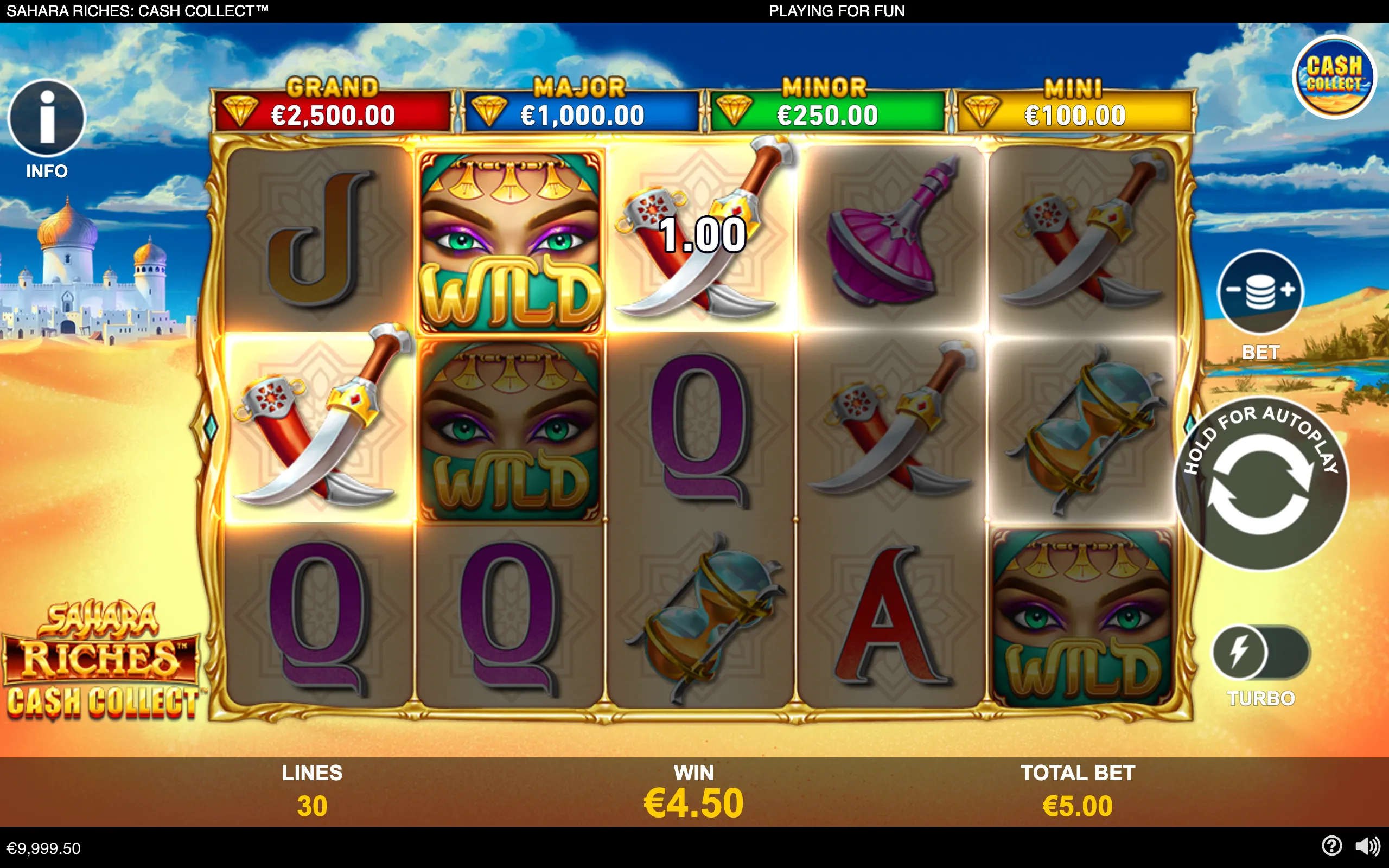 Sahara-themed slot reels with a masked woman Wild symbol, crossed scimitars, ornate treasure items, jackpot tiers, and a desert palace backdrop.