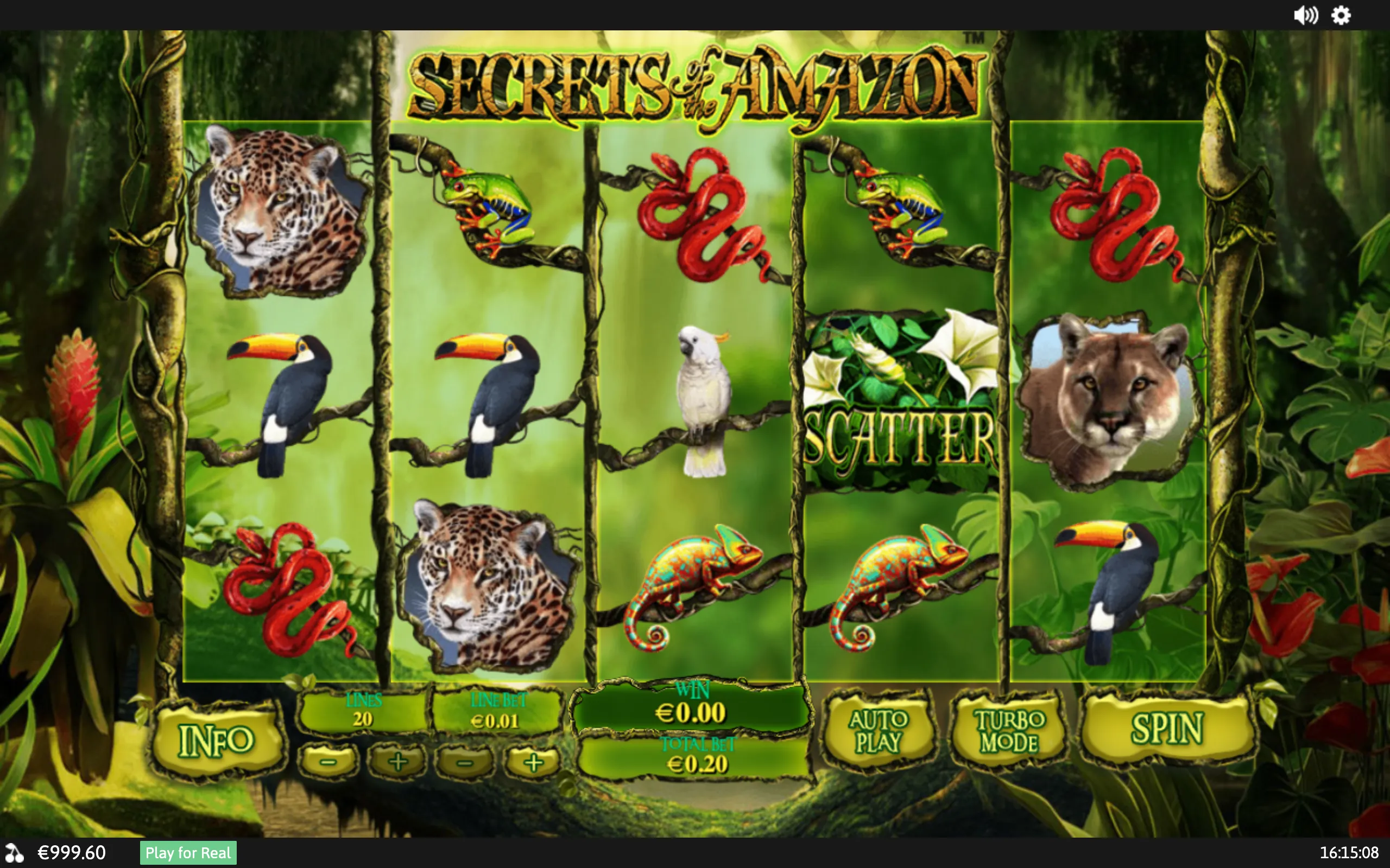 Secrets of the Amazon slot reels surrounded by dense jungle foliage, featuring jaguars, toucans, snakes, chameleons, a parrot, and a SCATTER symbol.
