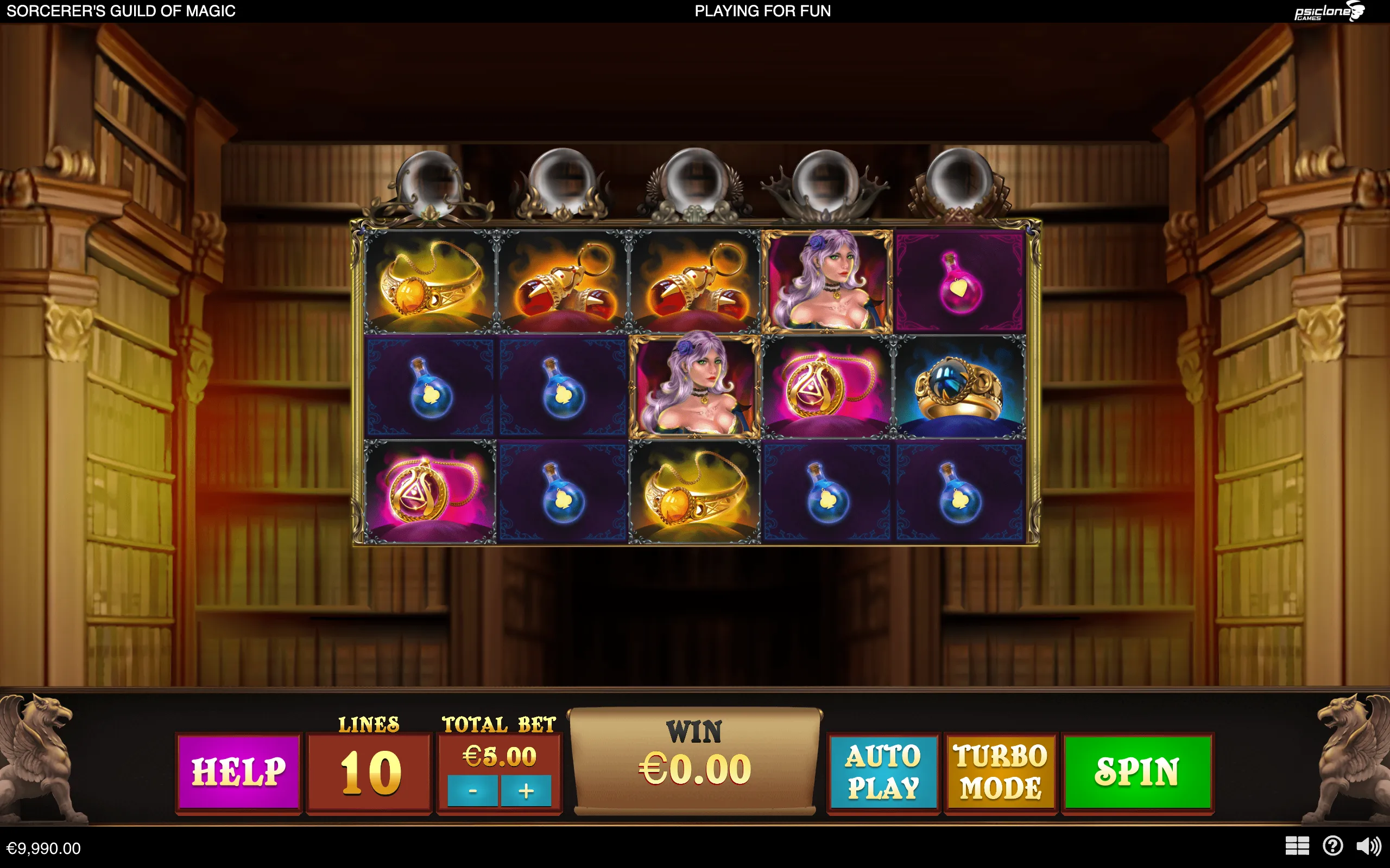 Sorcerer's Guild of Magic slot reels display a sorceress, glowing potions, enchanted hats, magical rings and crystal balls inside a richly decorated library.
