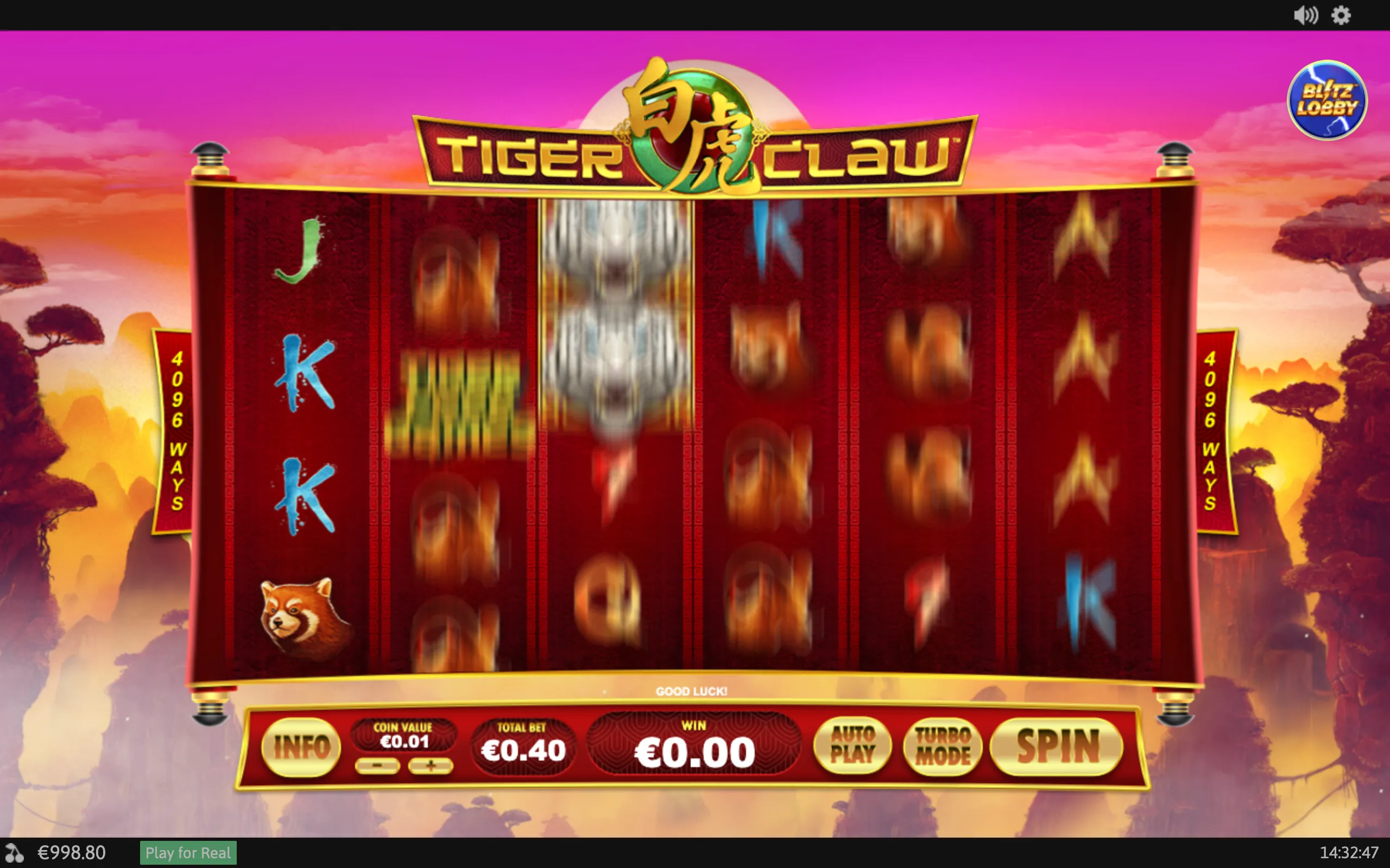 Tiger Claw slot interface with spinning reels, Chinese-inspired symbols, a red panda icon, and a sunset savanna backdrop beneath the game logo.