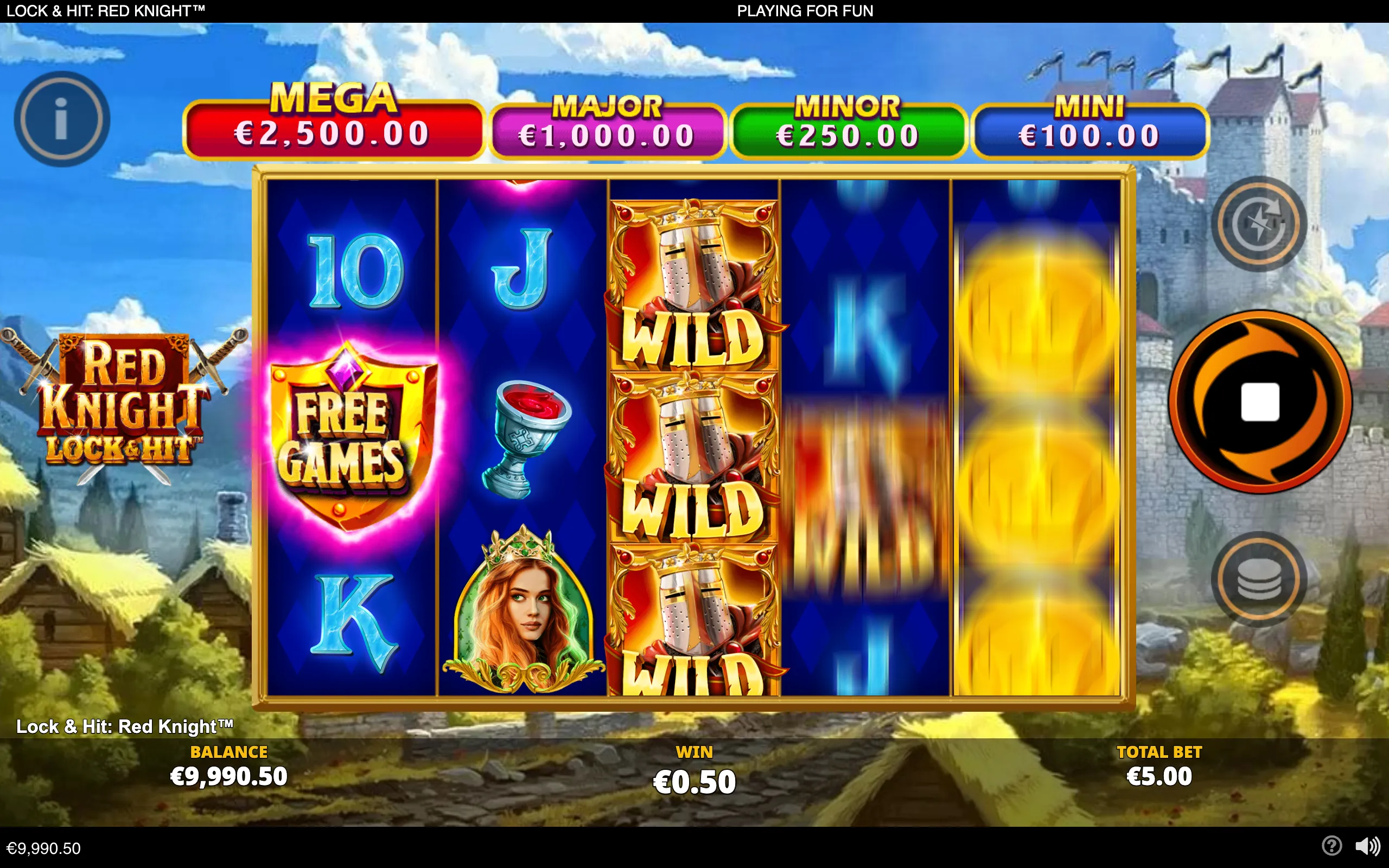 Lock & Hit: Red Knight slot interface with knight-themed Wild symbols, Free Games emblem, jackpot tiers, and a medieval castle village backdrop.