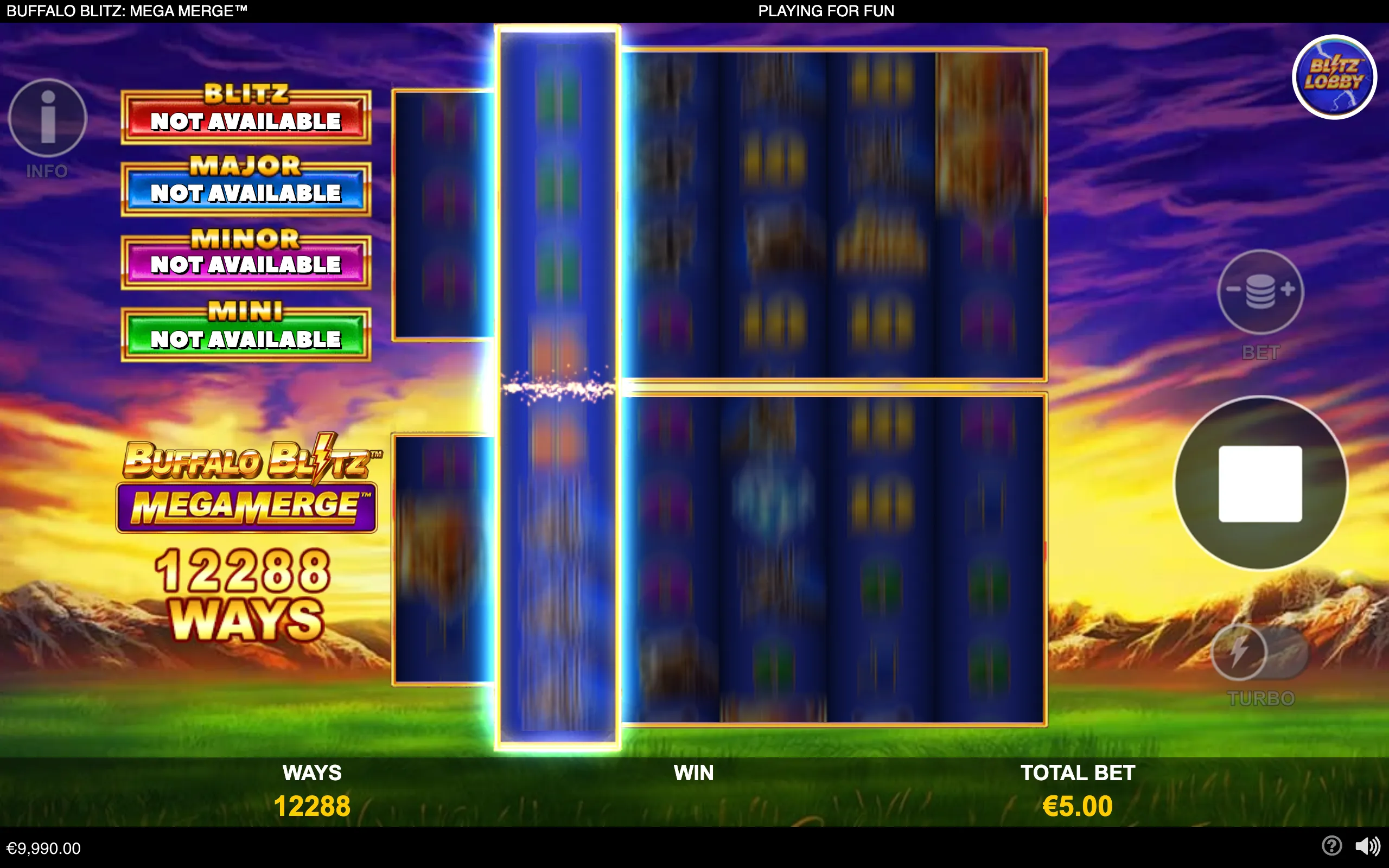 Buffalo Blitz: Mega Merge slot interface with glowing blurred reels, 12,288 ways, jackpot tiers, and a dramatic sunset mountain landscape.