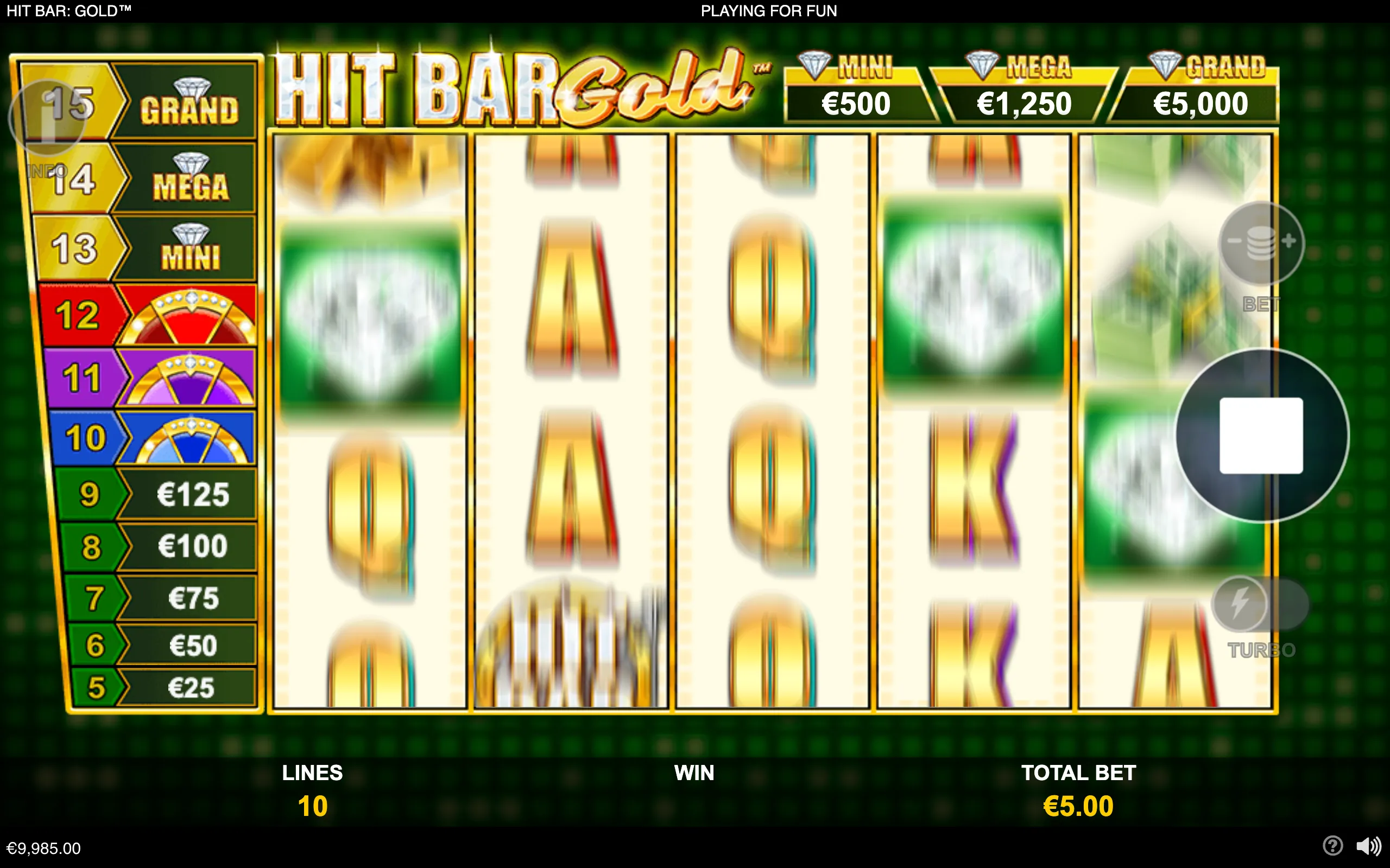Hit Bar: Gold slot interface with five blurred spinning reels, a colorful payout ladder, and Mini, Mega, and Grand diamond jackpot values.