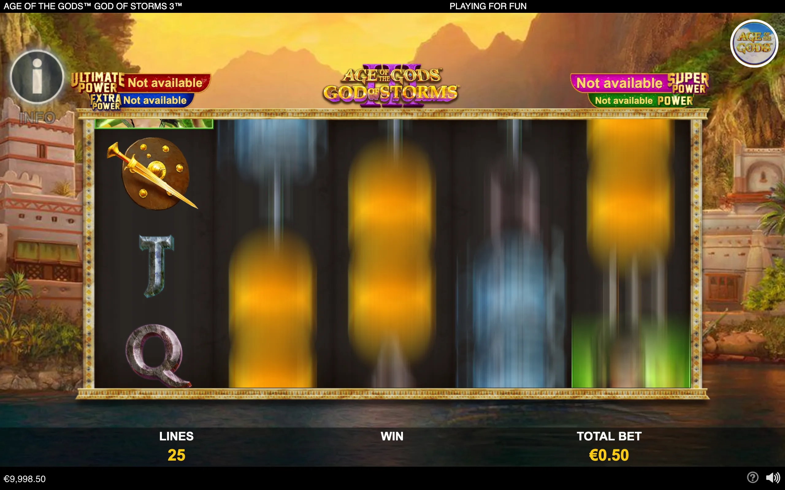 Age of the Gods: God of Storms III slot interface with spinning reels, Greek temple scenery, mountain peaks, and sword-and-shield symbols.