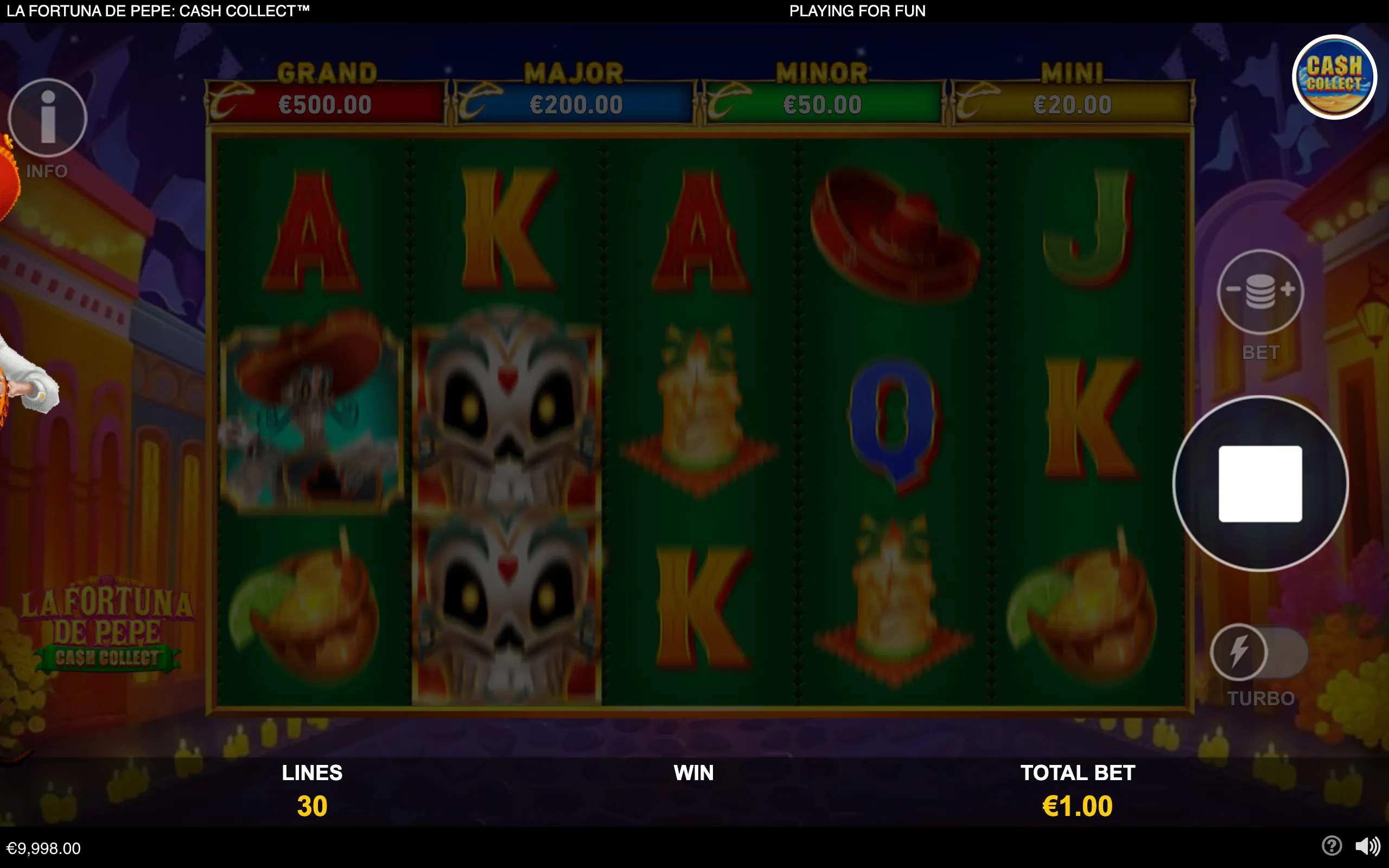 La Fortuna de Pepe: Cash Collect slot interface with sombrero-themed symbols, a cartoon cat character, cactus icons, jackpot meters, and a festive Mexican backdrop.