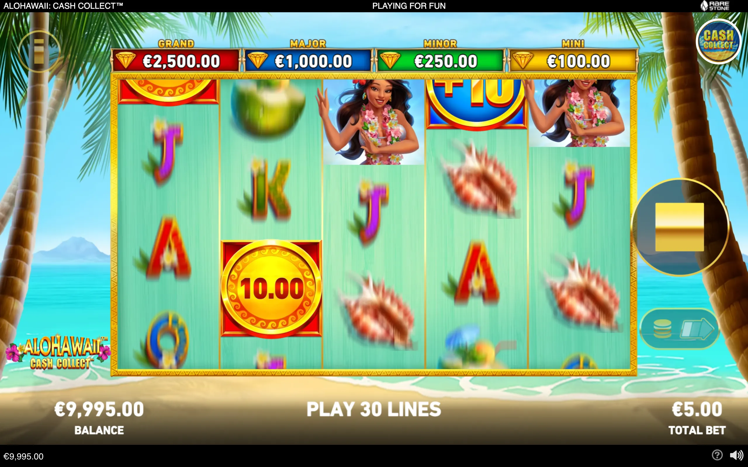Aloha-themed slot interface with palm trees, turquoise ocean, a flower-adorned island character, reels, cash symbols, and Grand, Major, Minor, and Mini jackpot meters.