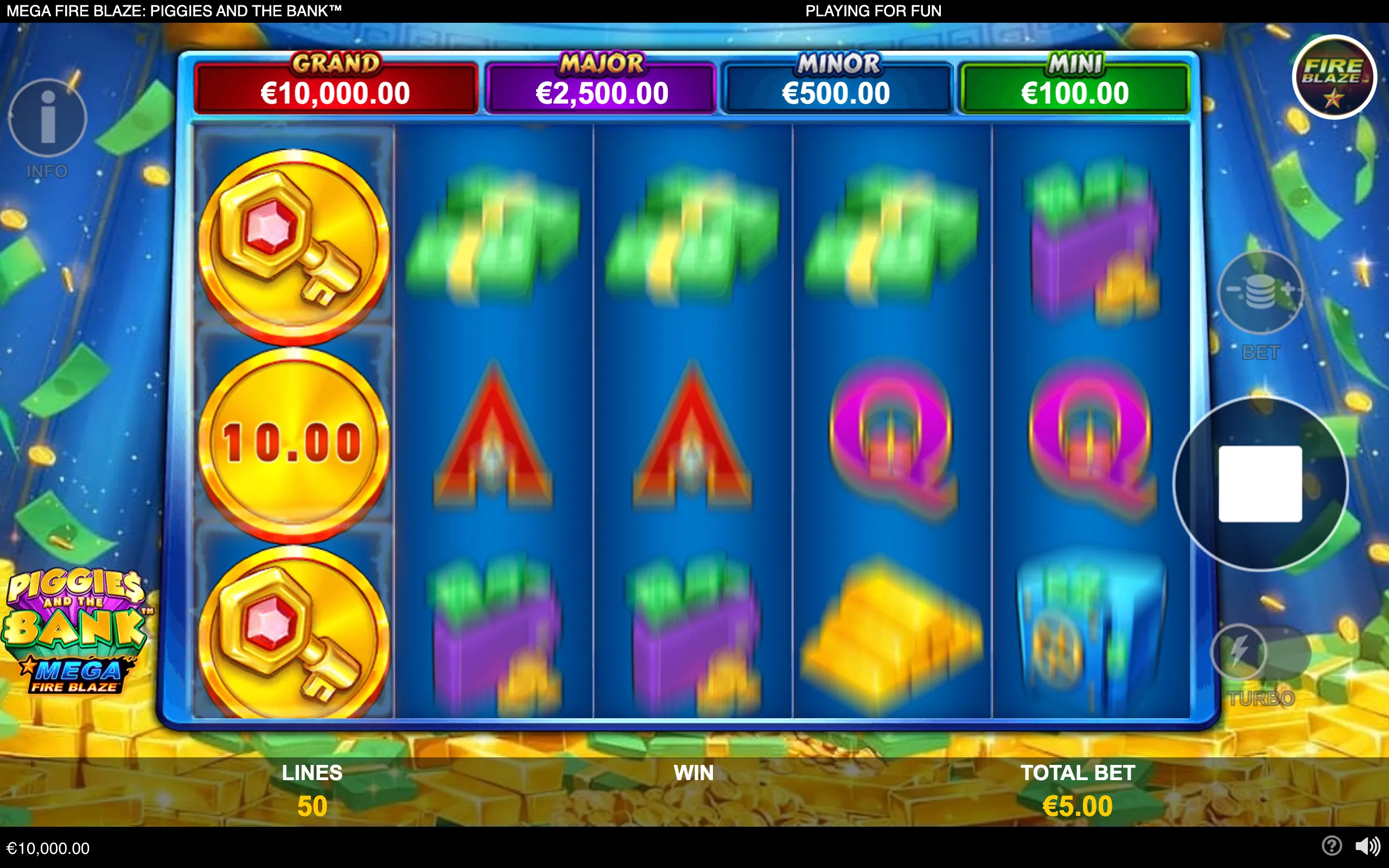 Mega Fire Blaze: Piggies and the Bank slot reels spin over a blue money-themed backdrop, with key-and-coin symbols, cash icons, and Grand, Major, Minor, and Mini jackpot values.