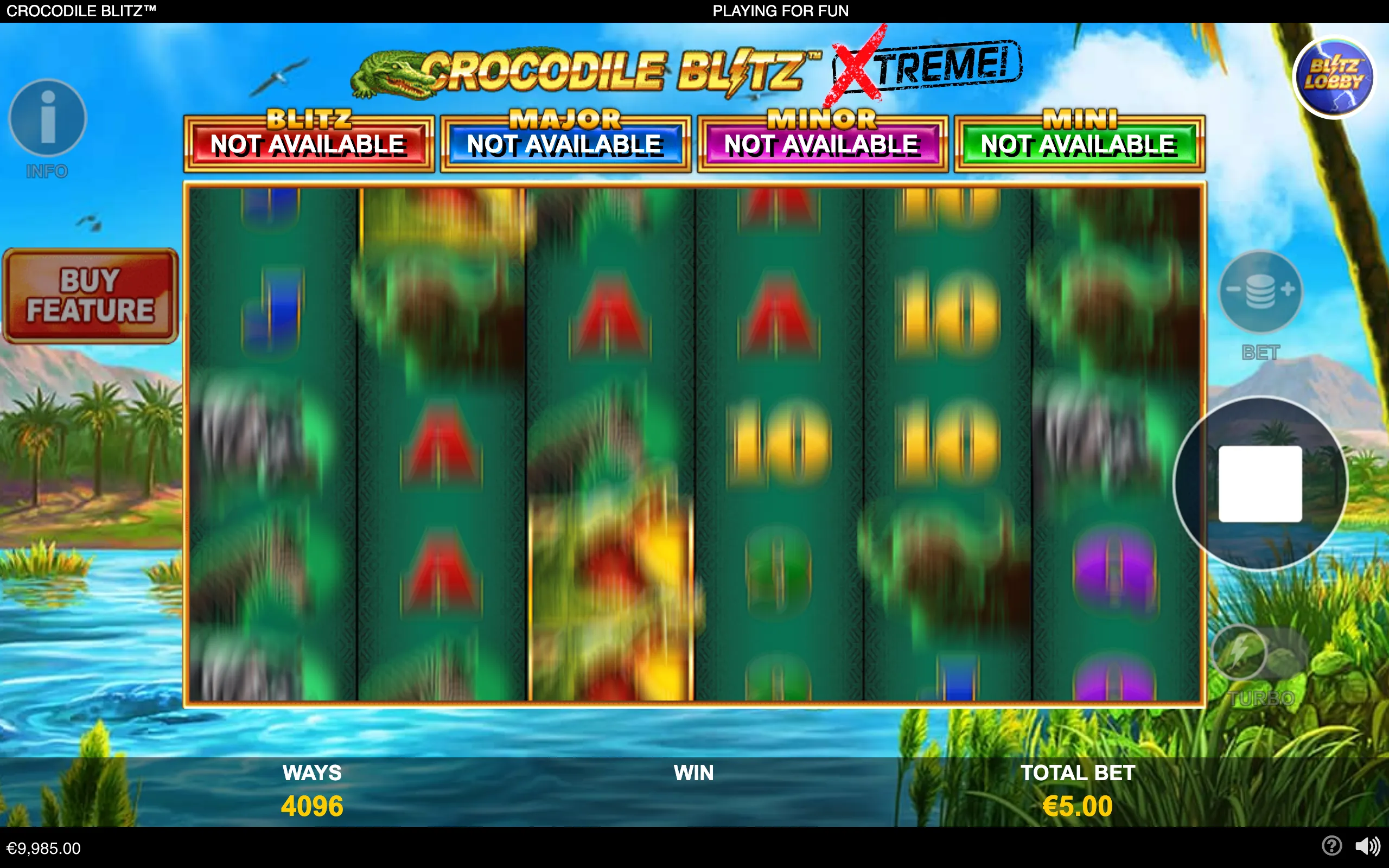 Crocodile Blitz slot interface with spinning reels, four colored jackpot meters, and a tropical lagoon backdrop with palm trees and mountains.