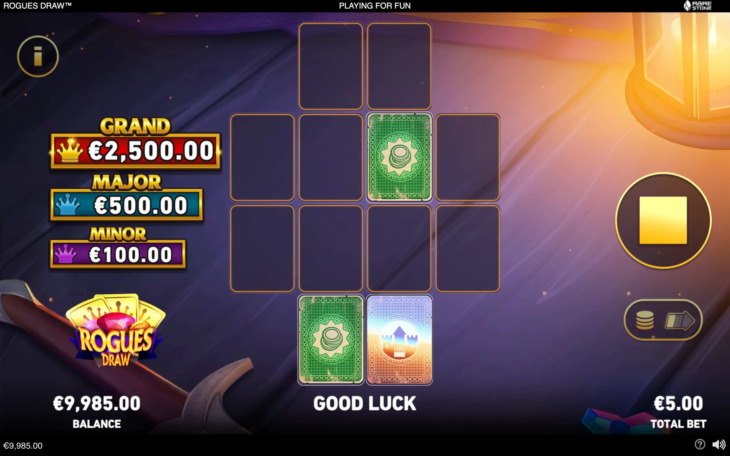 Rogues Draw slot interface with a central grid of ornate playing cards, jackpot displays, crown symbols, and a dark purple casino-style backdrop.