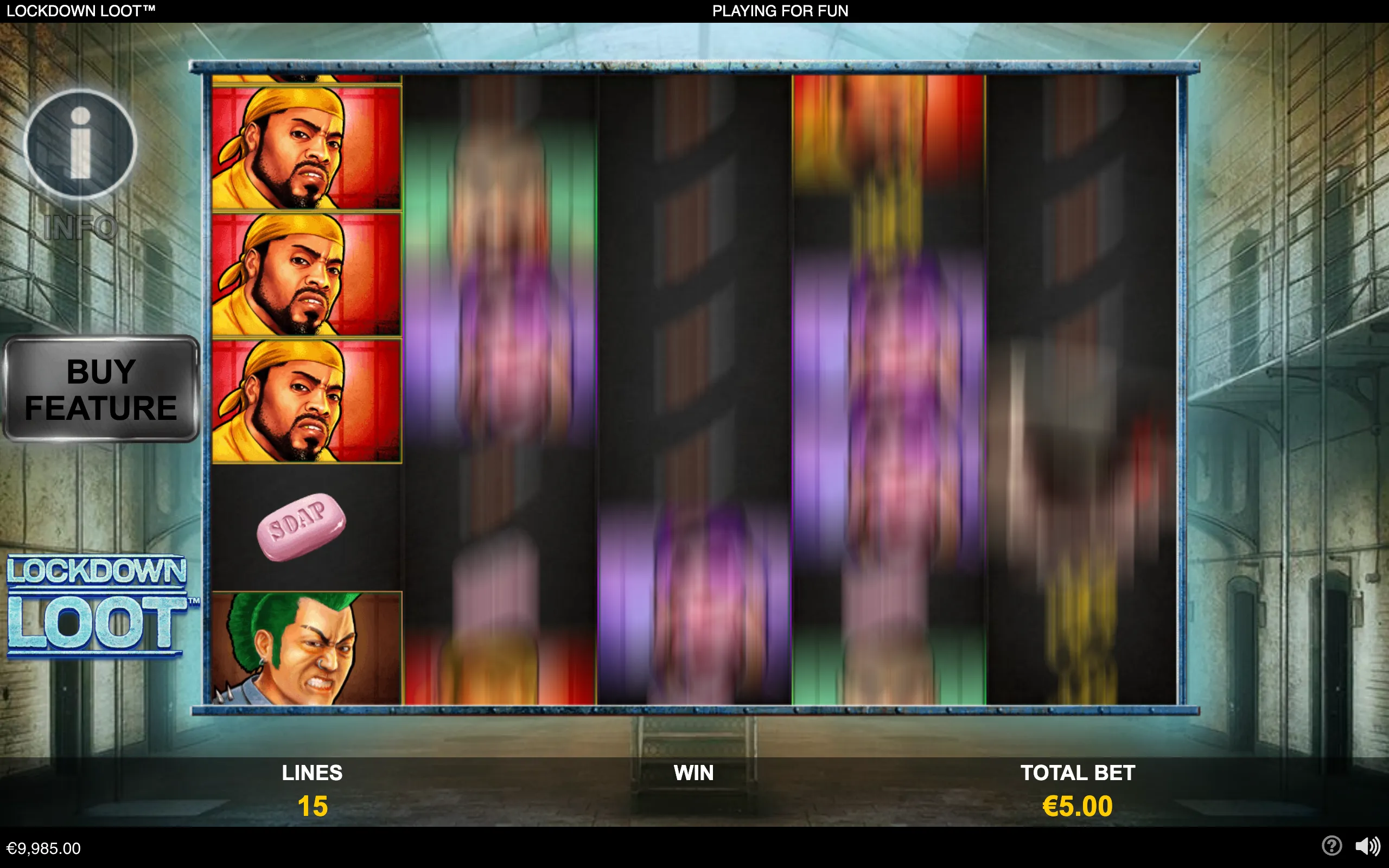 Lockdown Loot slot interface with spinning reels, stacked illustrated male character symbols, a pink soap symbol, and a Buy Feature button inside a prison corridor.