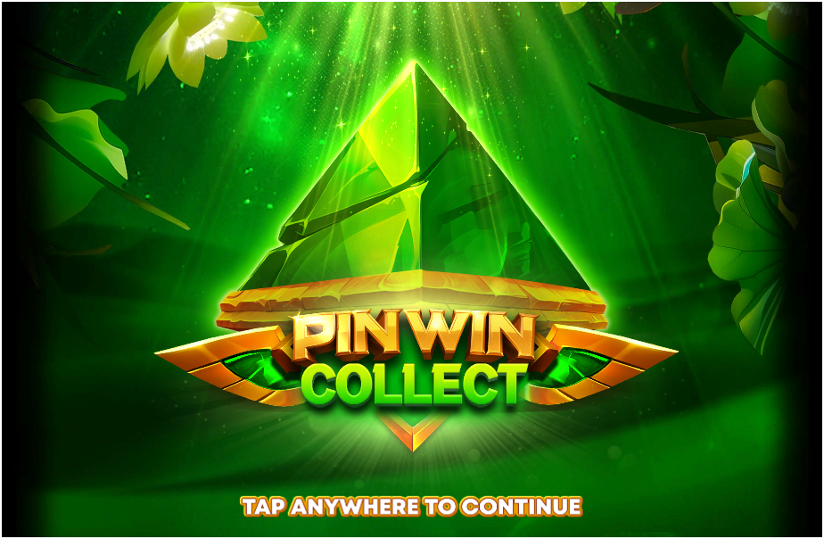 A glowing green pyramid with the text "PIN WIN COLLECT" appears at the center, surrounded by jungle leaves and golden light beams.