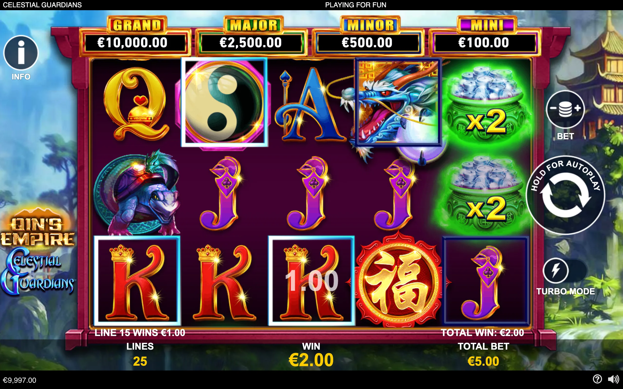 Qin's Empire Celestial Guardians slot interface with Chinese dragon imagery, yin-yang and guardian symbols, jackpot tiers, green x2 multiplier pots, and a €2.00 total win.