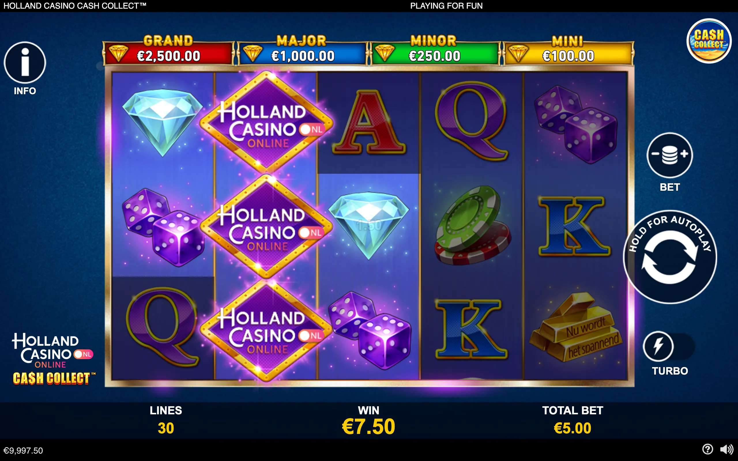 Holland Casino Cash Collect slot interface with glowing reels featuring diamonds, purple dice, casino chips, playing-card letters, stacked casino logos, and four jackpot tiers.