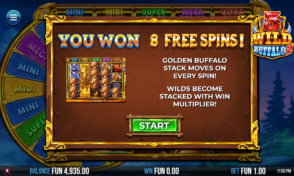 Bonus trigger screen displaying "You Won 8 Free Spins" with feature preview and explanation text about golden buffalo stacks and wild multipliers.