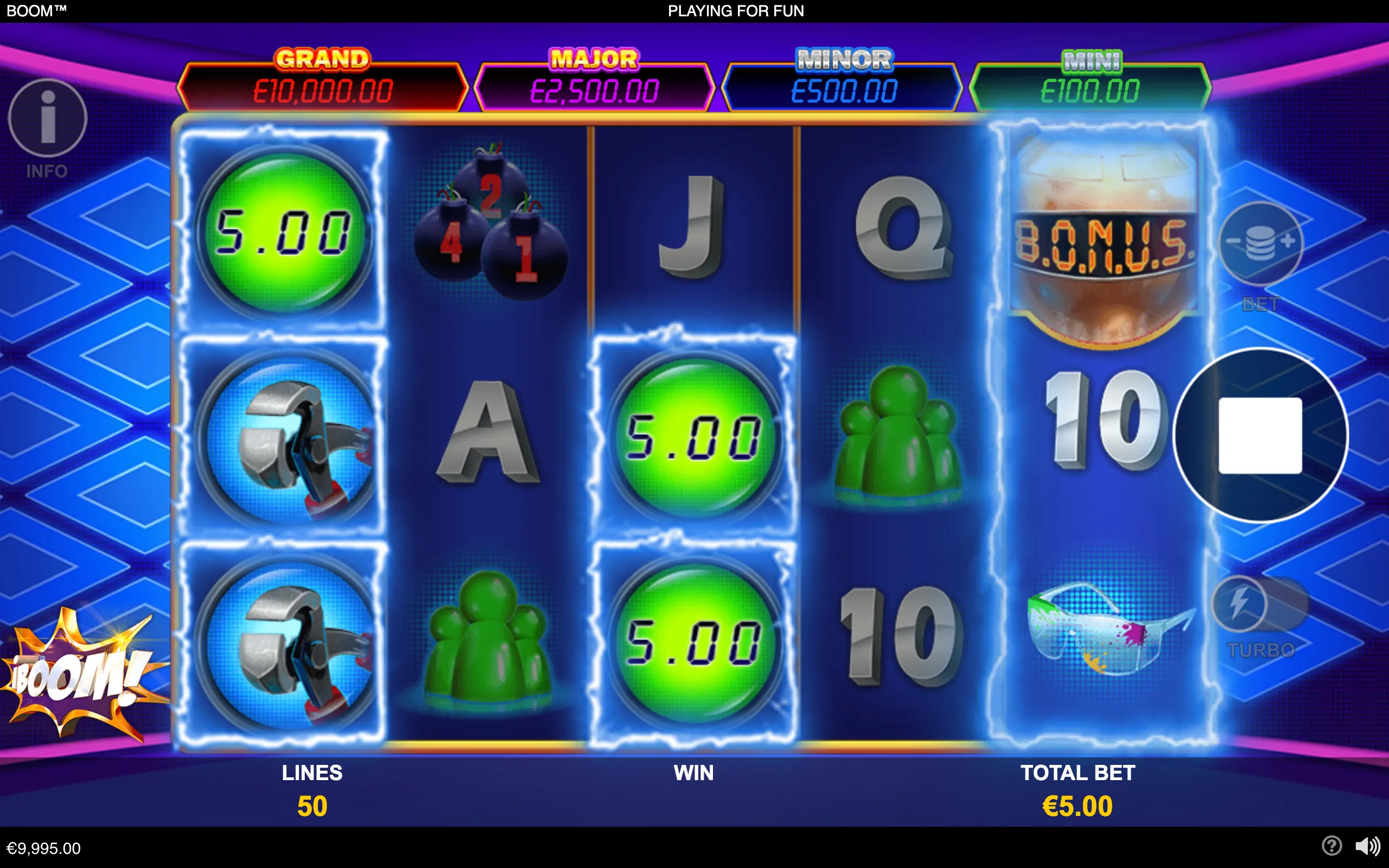 Boom online slot interface with glowing reels, numbered bomb symbols, green figures, letter symbols, jackpot meters, and a €5.00 total bet.