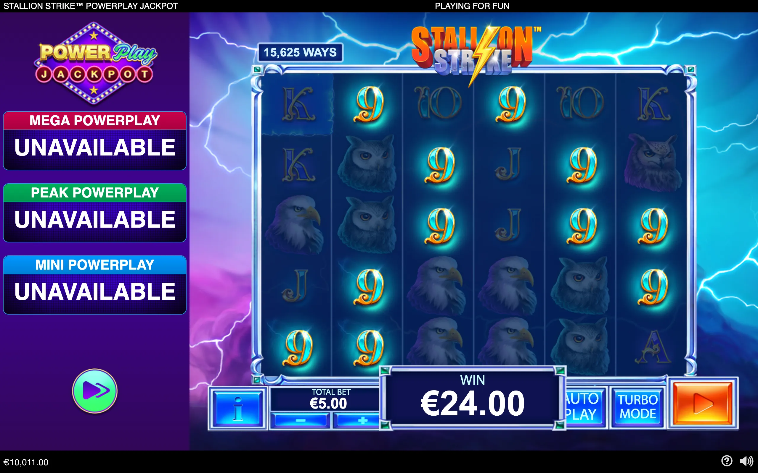 Stallion Strike PowerPlay Jackpot slot interface with owl and eagle symbols, glowing 9s, lightning effects, 15,625 ways, and a displayed €24.00 win.
