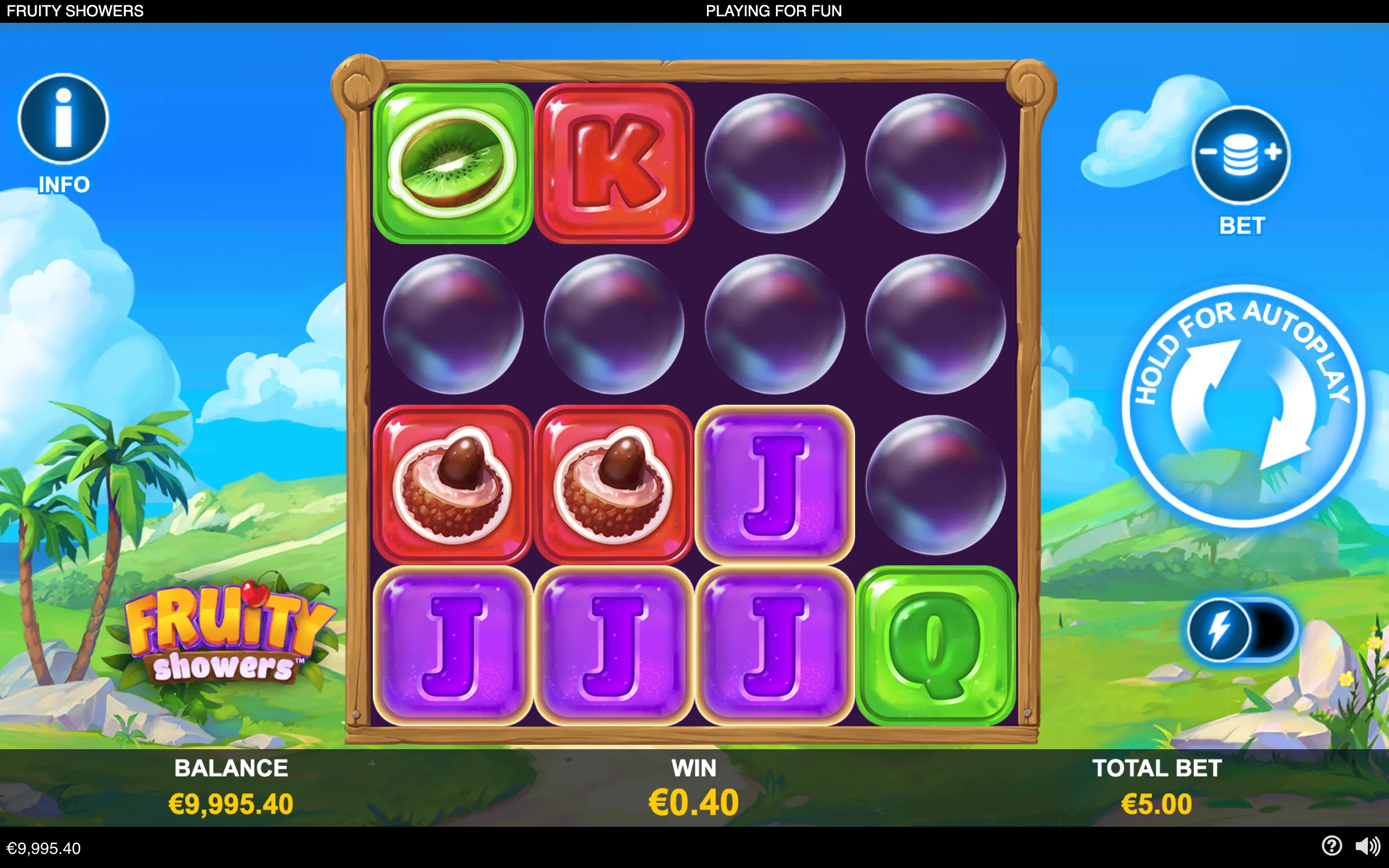 Fruity Showers slot interface with colorful fruit symbols, playing-card letters, glossy purple bubbles, and a tropical island landscape.