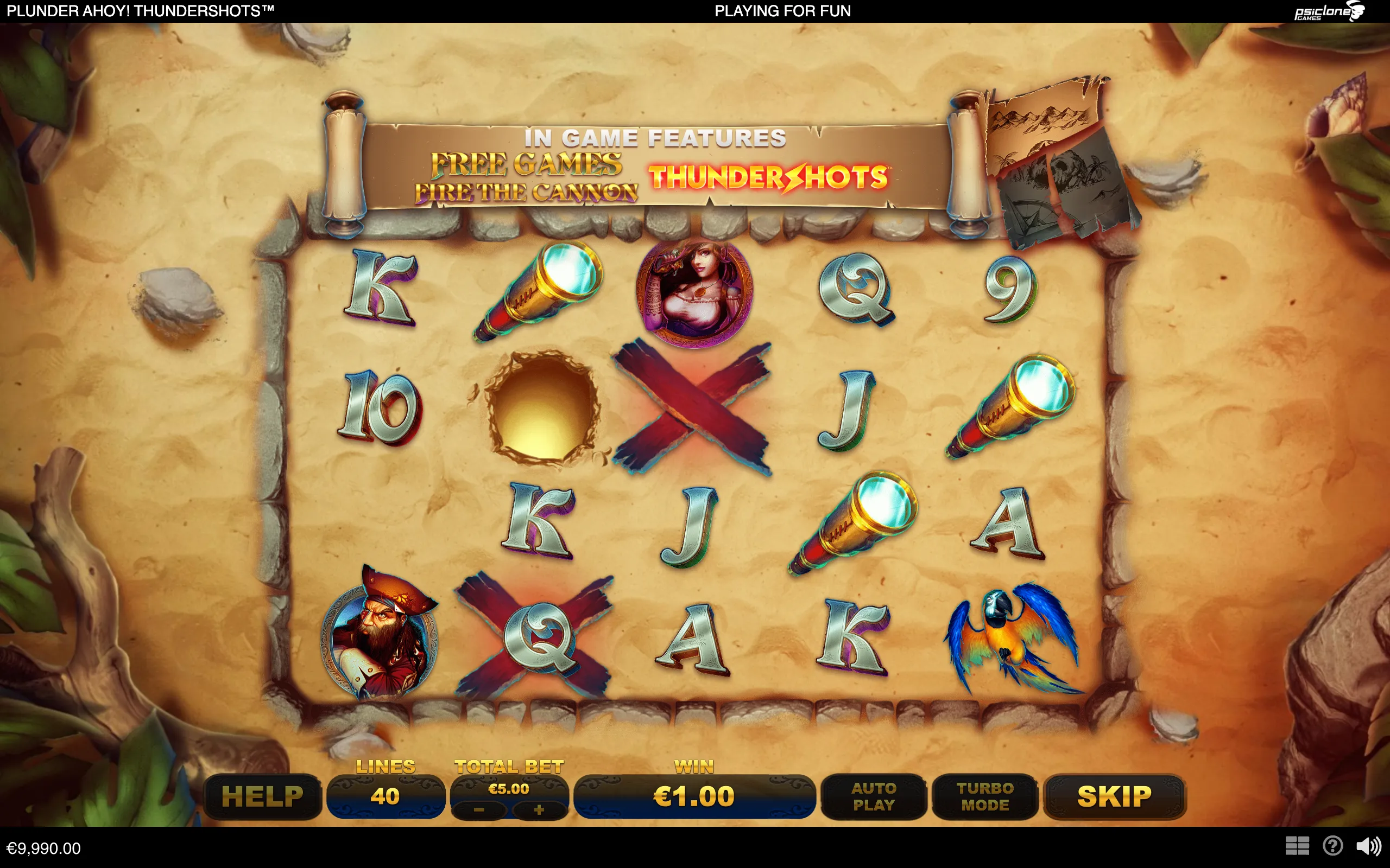Pirate-themed slot interface on an aged treasure map, featuring a bearded captain, parrot, cannons, compass-style character icons, card symbols, and a banner advertising free games and ThunderShots.