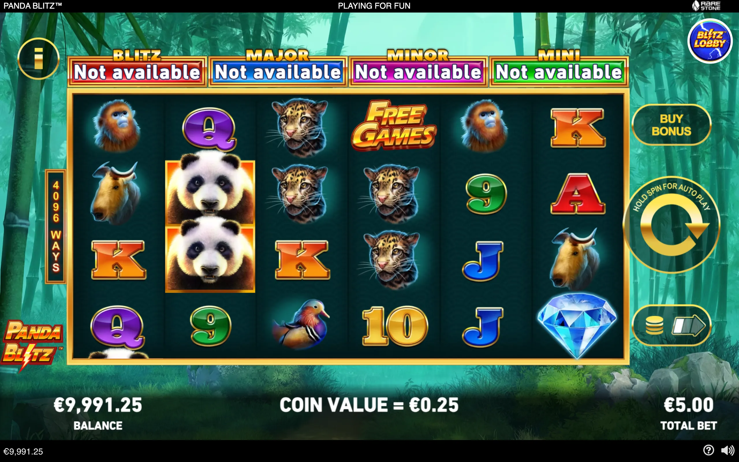 Panda Blitz slot reels display pandas, leopards, monkeys, bulls, birds, card symbols, a diamond, and a Free Games symbol against a lush bamboo jungle.