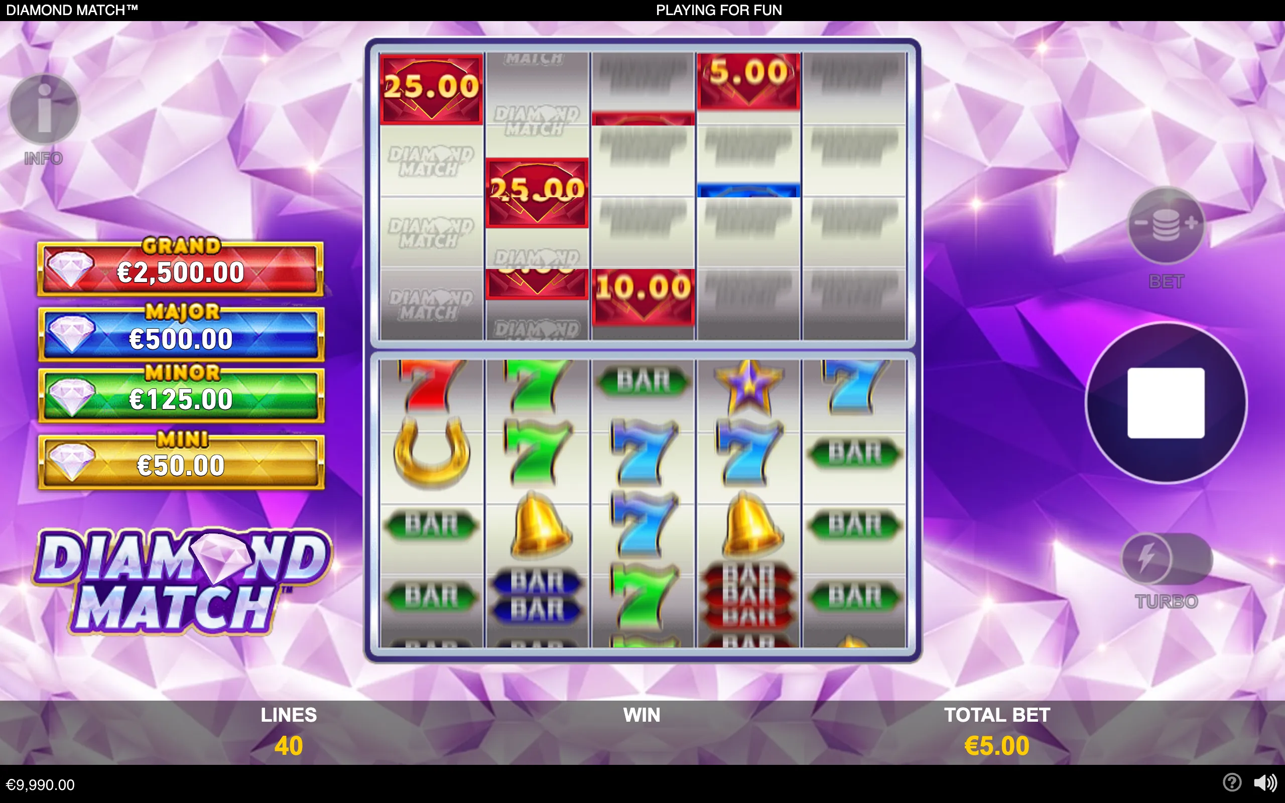 Diamond Match slot interface with classic 7, BAR, bell and horseshoe symbols, diamond-themed jackpot tiers, and a purple faceted gemstone backdrop.