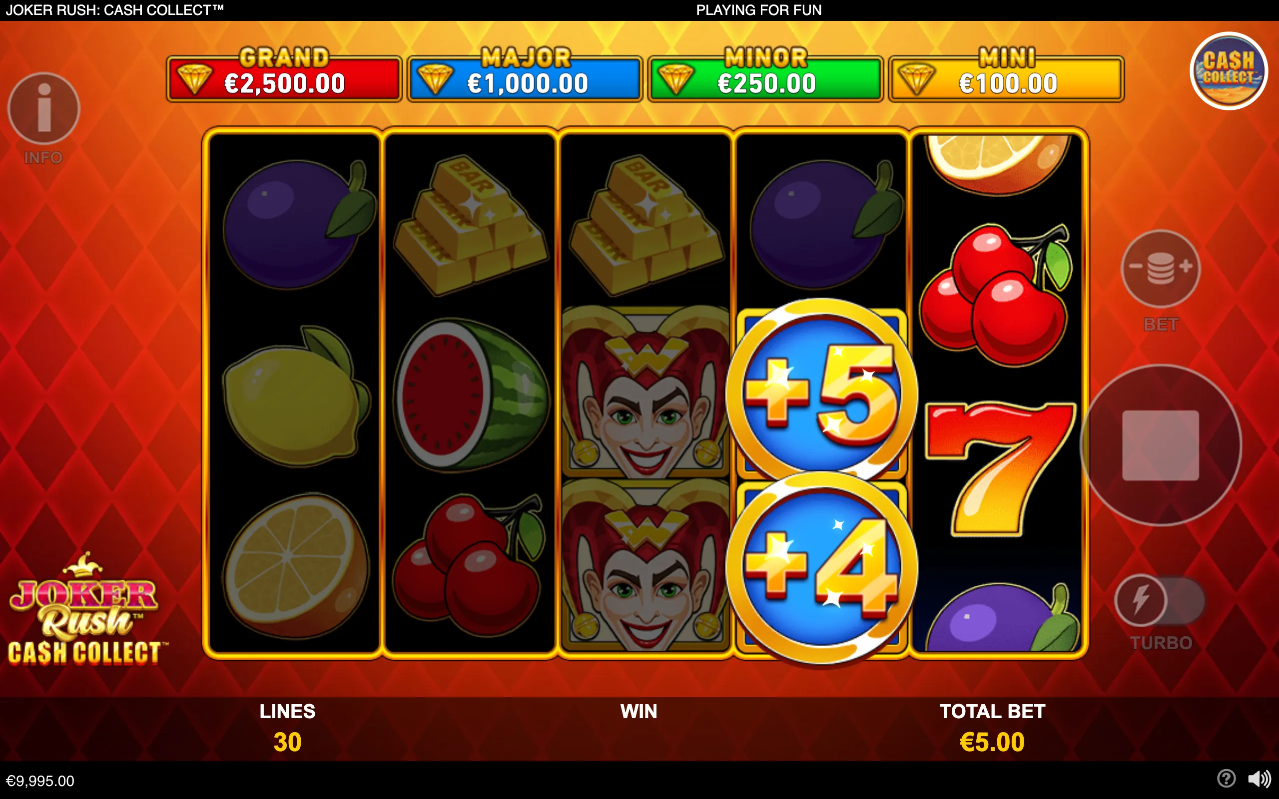 Joker Rush: Cash Collect slot interface with five reels, fruit and gold bar symbols, joker faces, +5 and +4 cash collect symbols, and Grand, Major, Minor, and Mini jackpot displays.