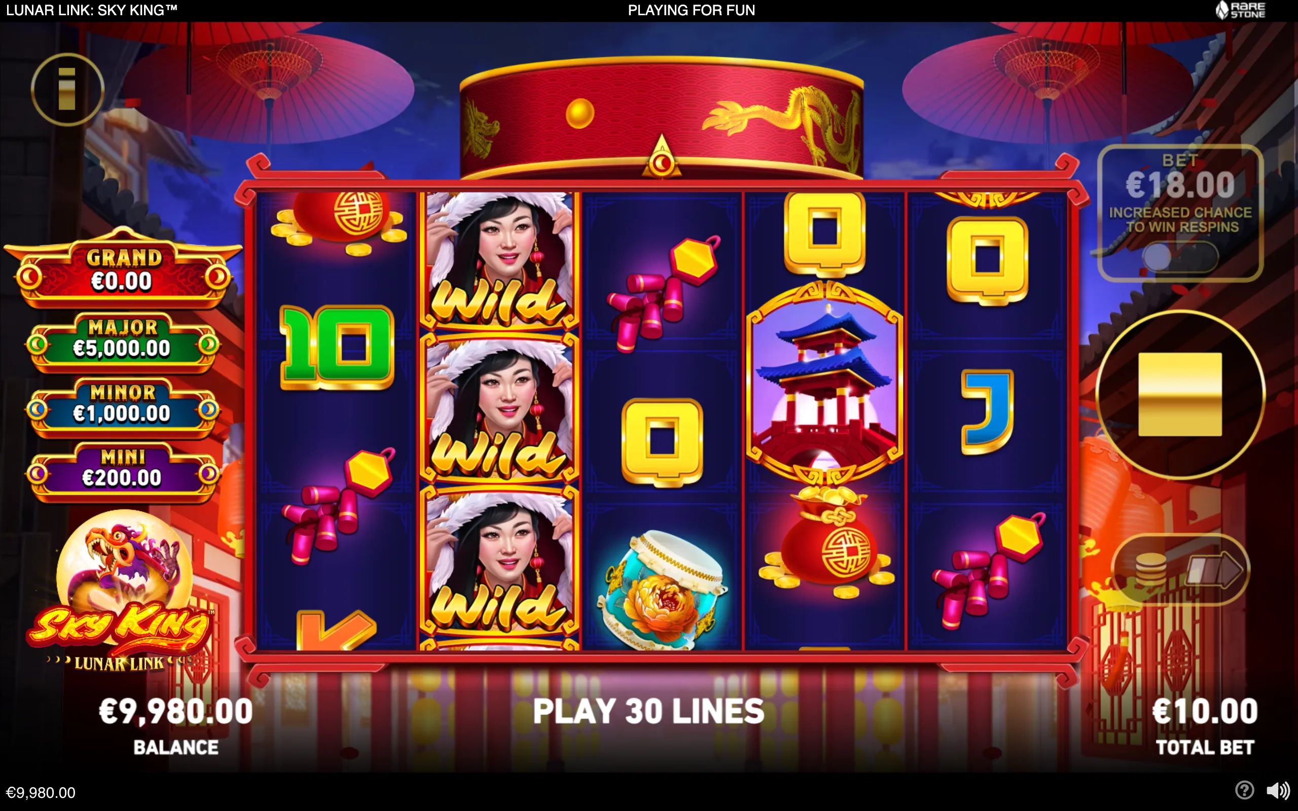 Lunar-themed slot reels with a female Wild symbol, golden Chinese characters, red envelopes, firecrackers, coins, and a pagoda against a lantern-lit night scene.