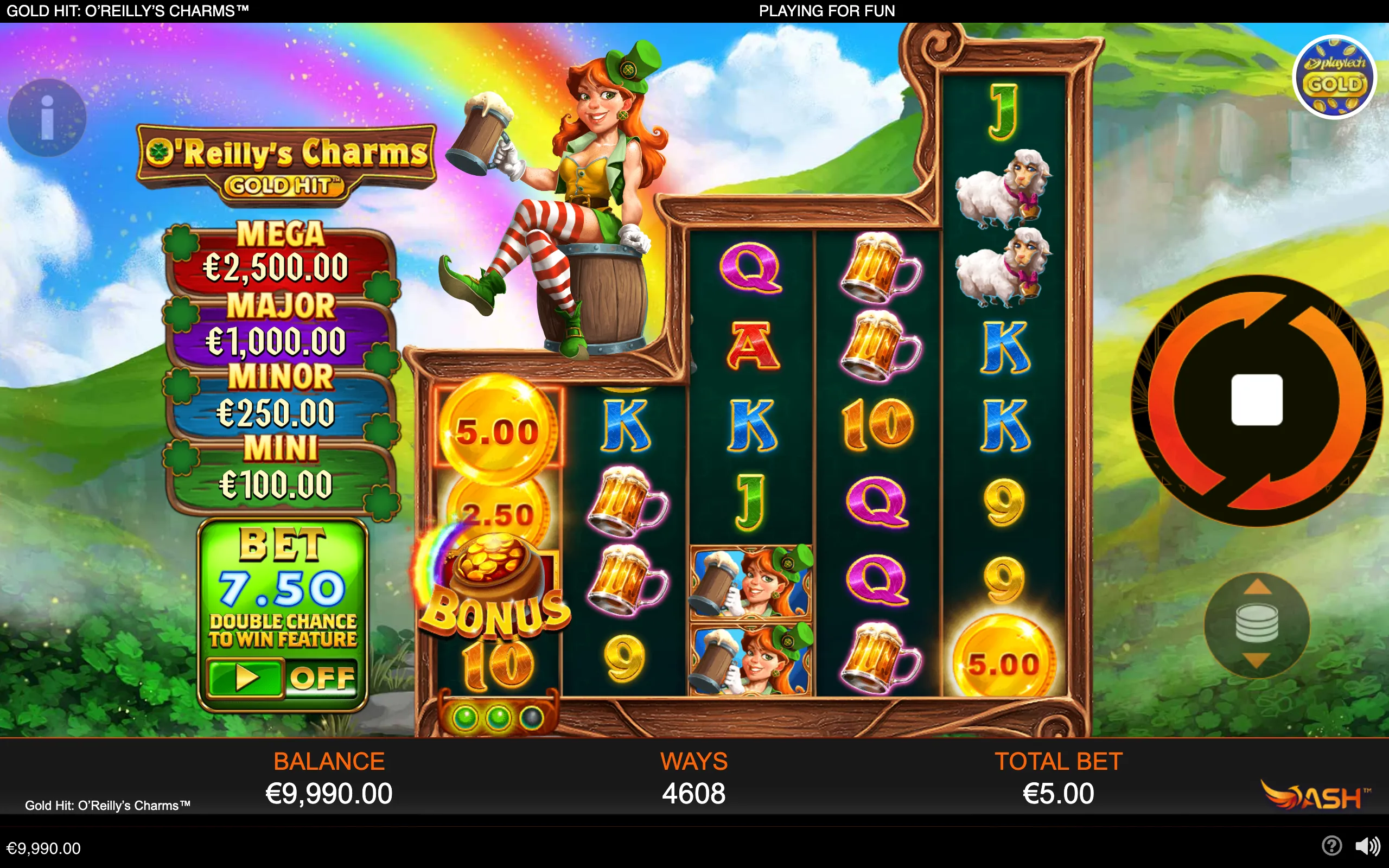 Colorful Irish-themed slot interface with a red-haired leprechaun woman, rainbow sky, green hills, sheep, beer mugs, coin symbols, and jackpot tiers.