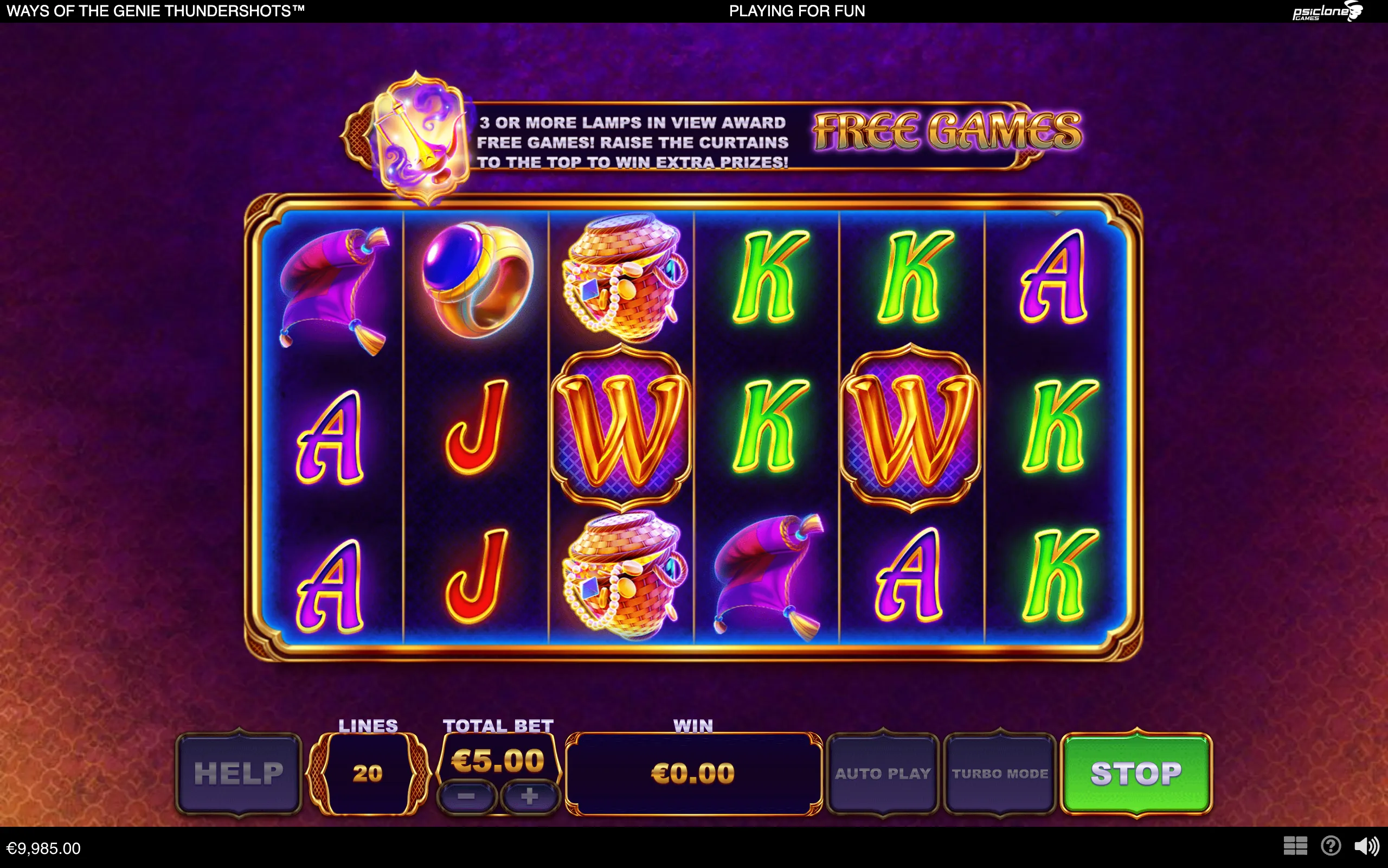 Ways of the Genie Thundershots slot interface with ornate gold reels, genie-themed symbols, magical lamps, playing cards, hats, rings, and a banner announcing free games.