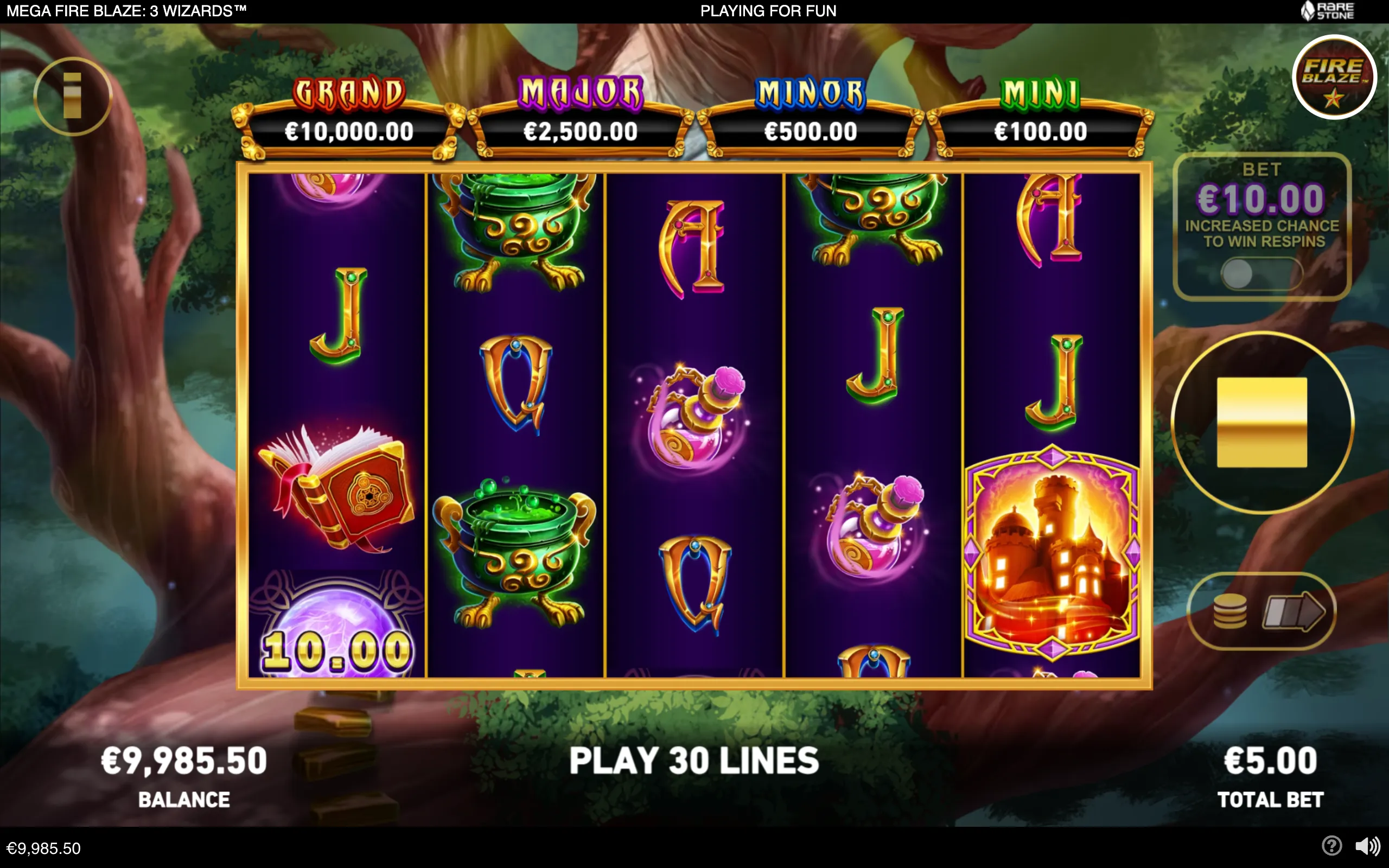 Mega Fire Blaze: 3 Wizards slot reels filled with magic books, cauldrons, spell bottles, castles, and glowing jewel symbols, set in an enchanted forest.